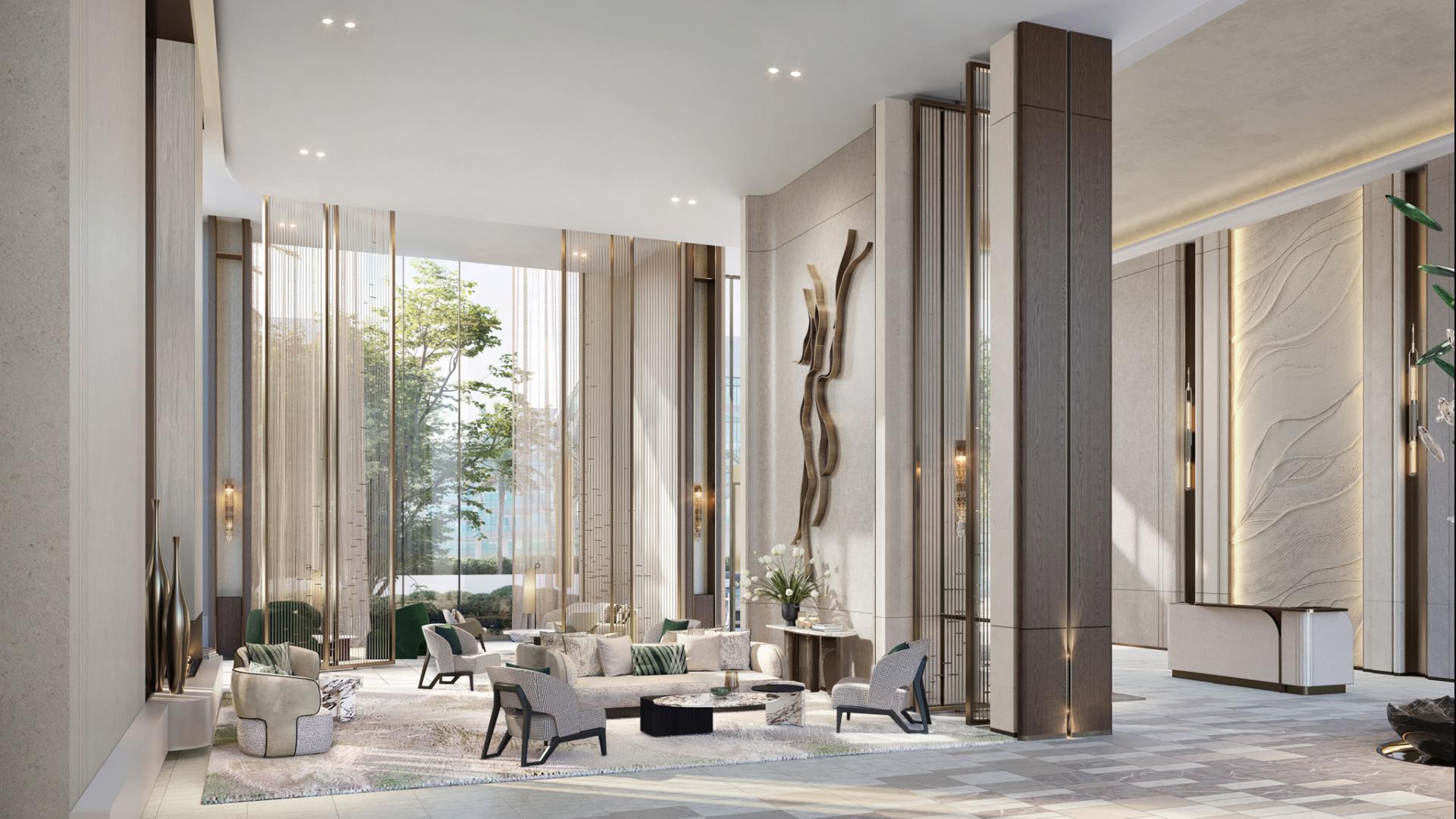 Elegant apartment exterior with balcony views in Atélis, Dubai Design District, skyline backdrop