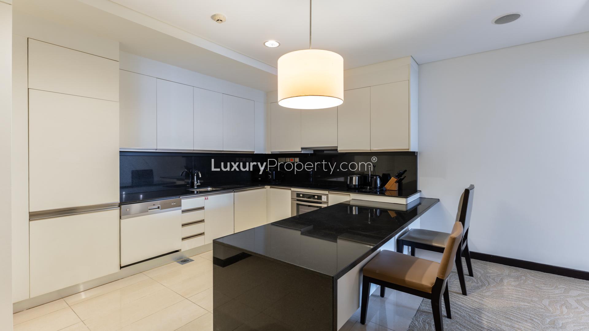 Modern kitchen in fully furnished 1-bedroom apartment, Dubai Marina, JW Marriott Hotel Marina