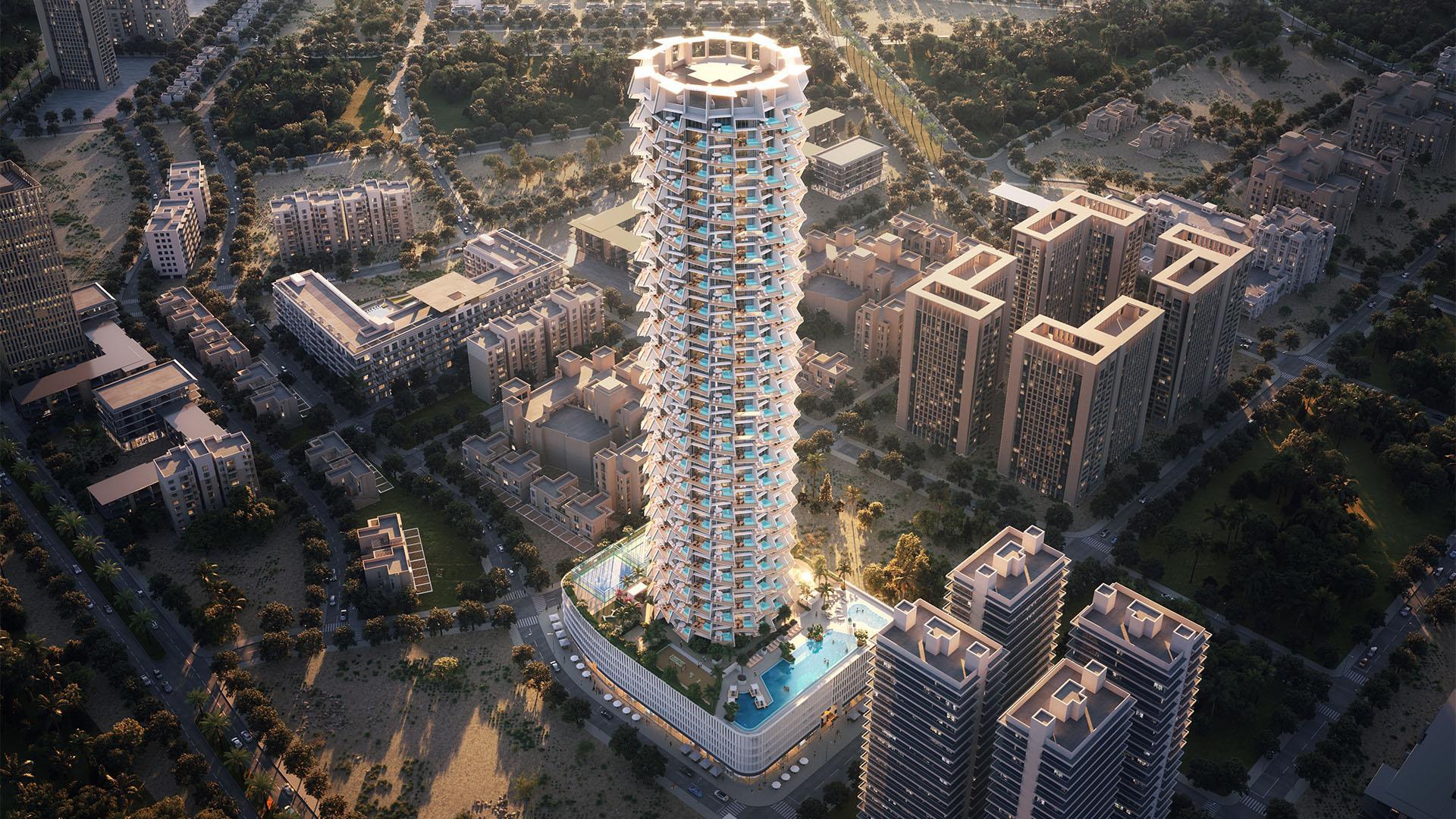 Modern bedroom in one-bedroom apartment, Jumeirah Village Circle, Binghatti Grove, for sale