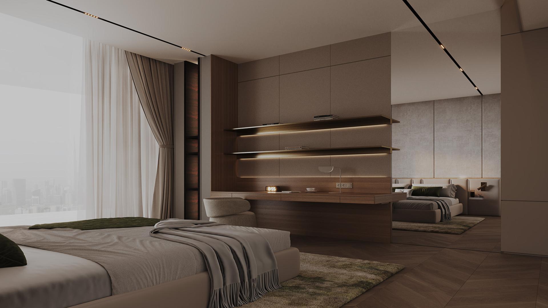 Modern living room in 1-bedroom Binghatti Grove apartment, Jumeirah Village Circle, for sale