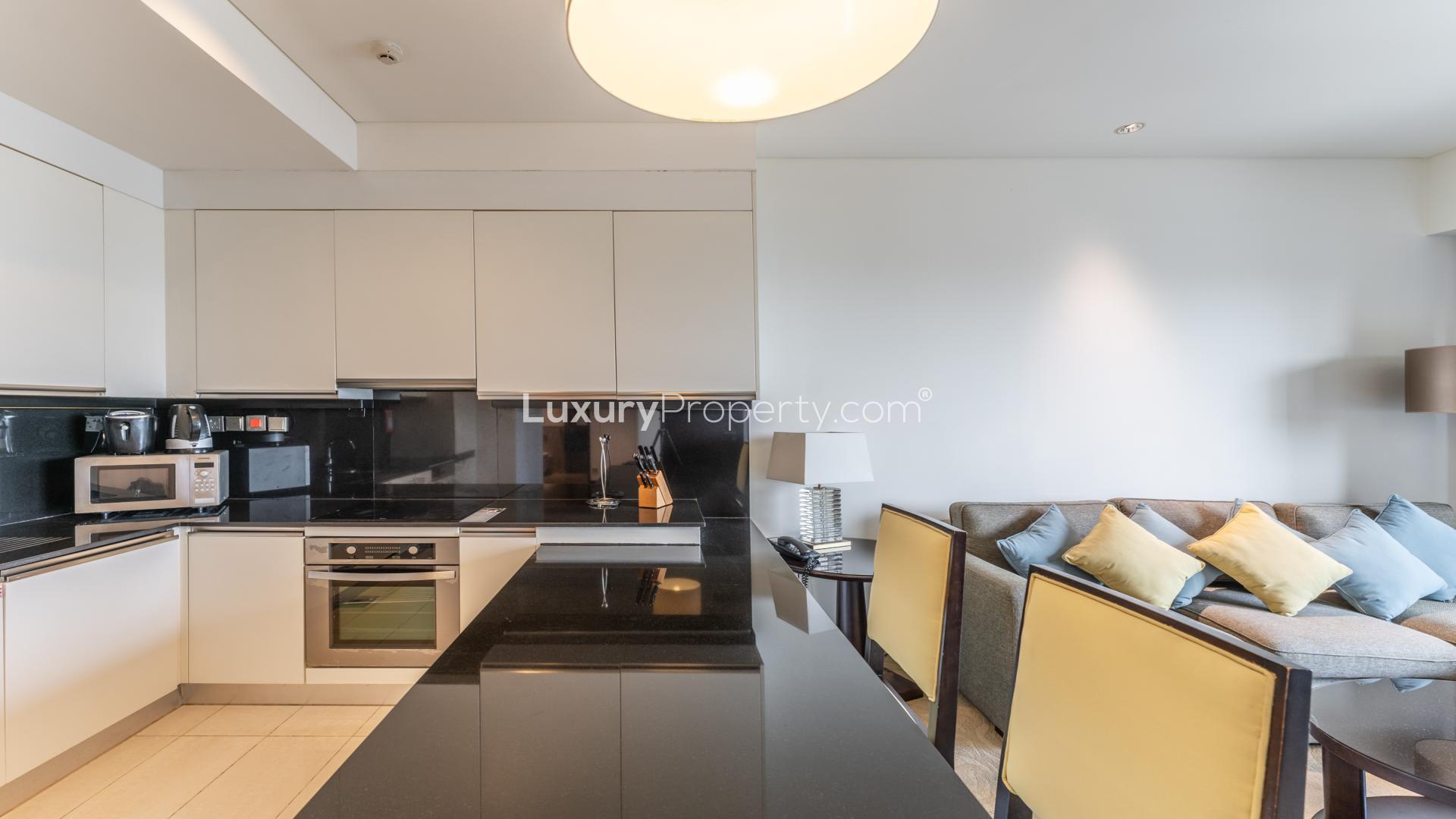 Modern kitchen in furnished one-bedroom apartment, JW Marriott Hotel Marina, Dubai Marina