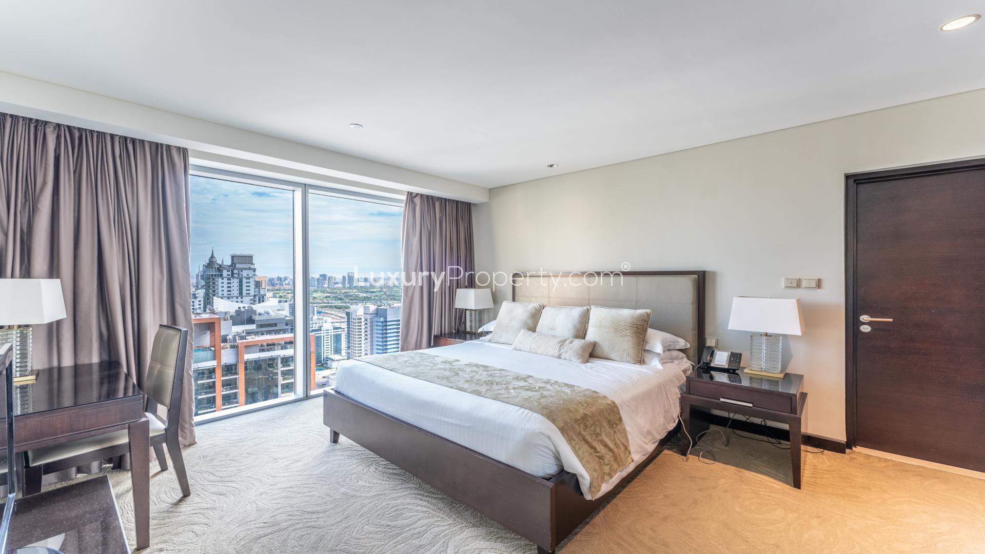 Furnished living room in JW Marriott Hotel Marina apartment, Dubai Marina, with city view