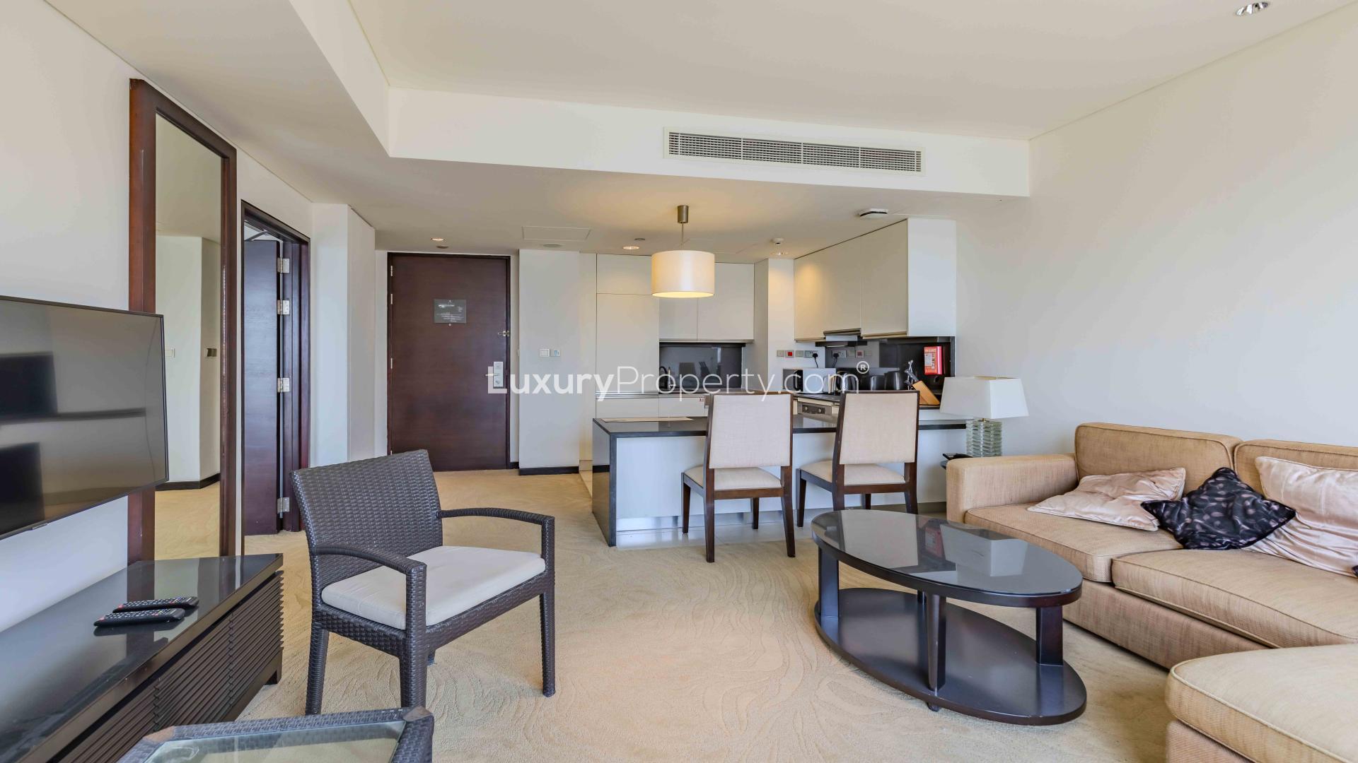 Furnished living area in high-floor 1-bed apartment, JW Marriott, Dubai Marina