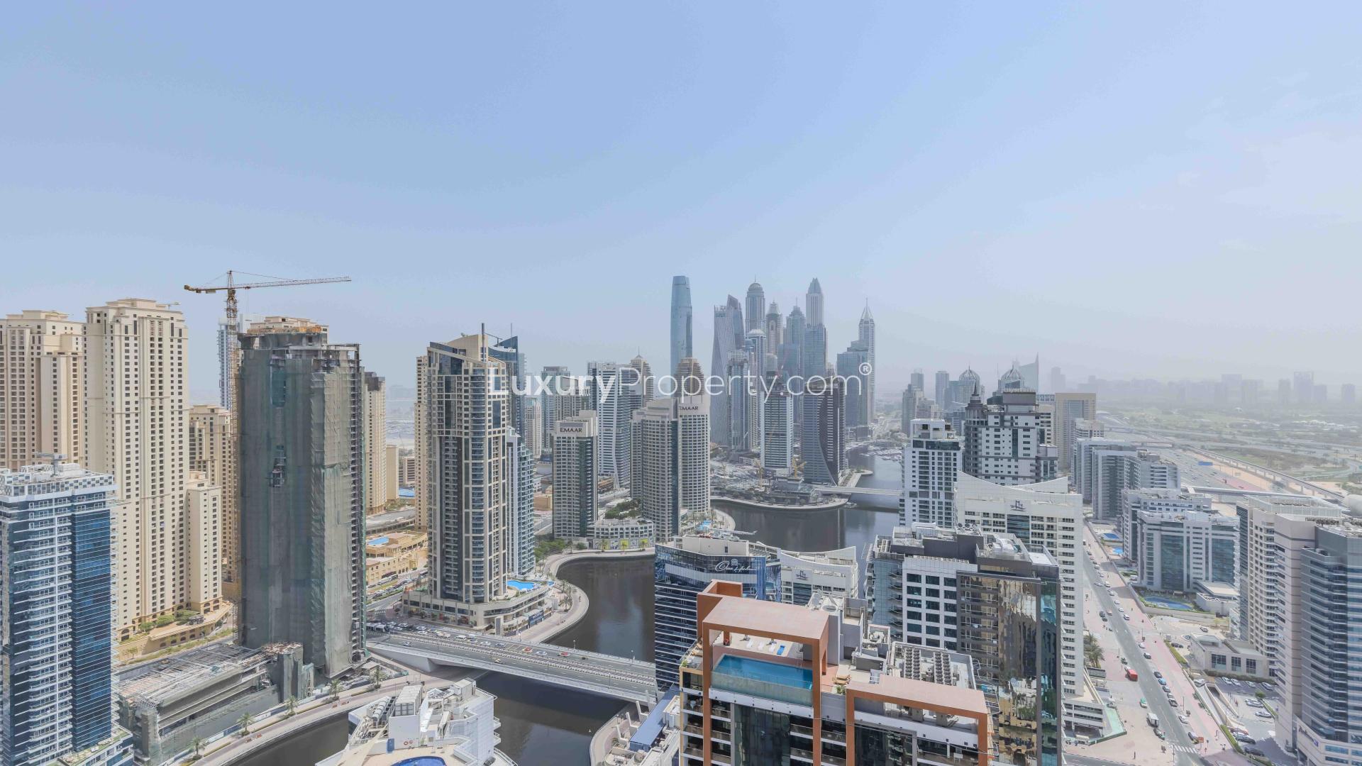 Furnished living room in high-floor JW Marriott Marina apartment, Dubai Marina, for sale