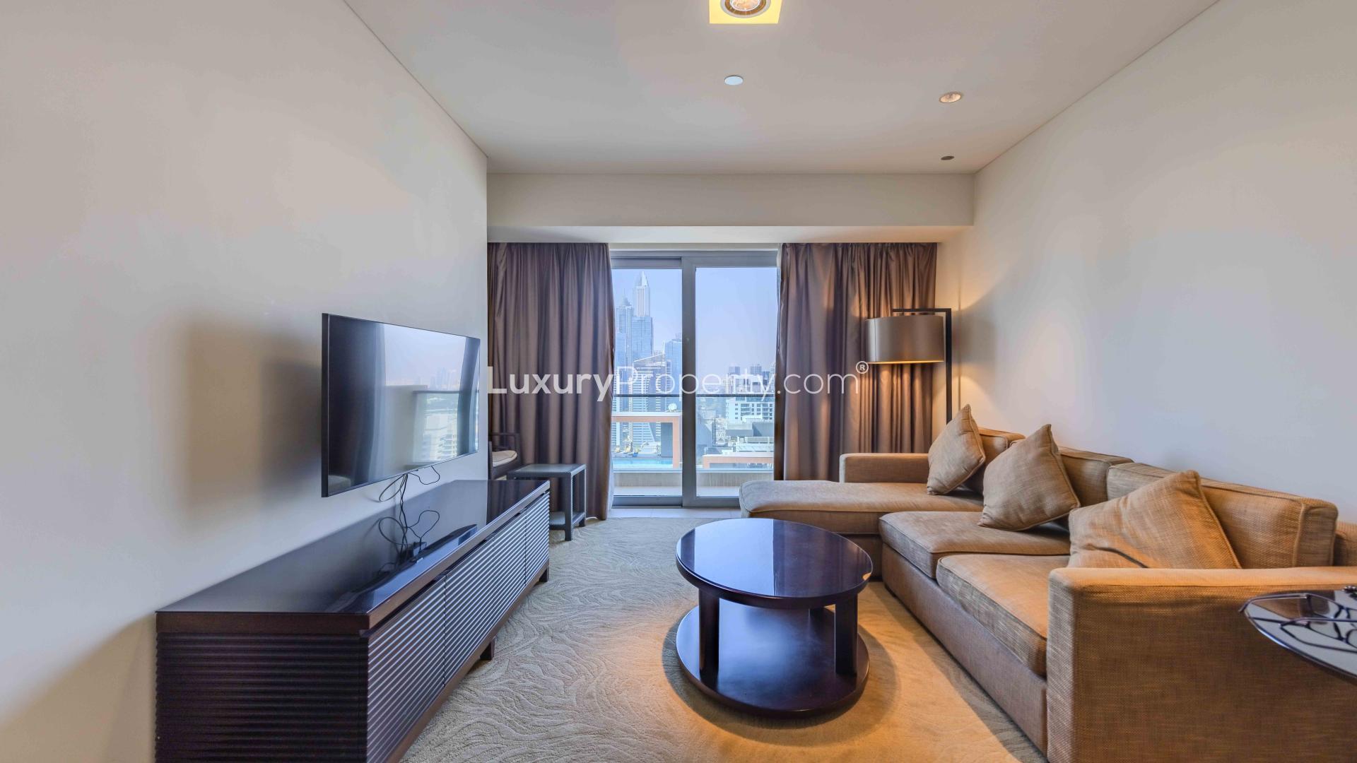 High-floor apartment living room with marina views, JW Marriott, Dubai Marina