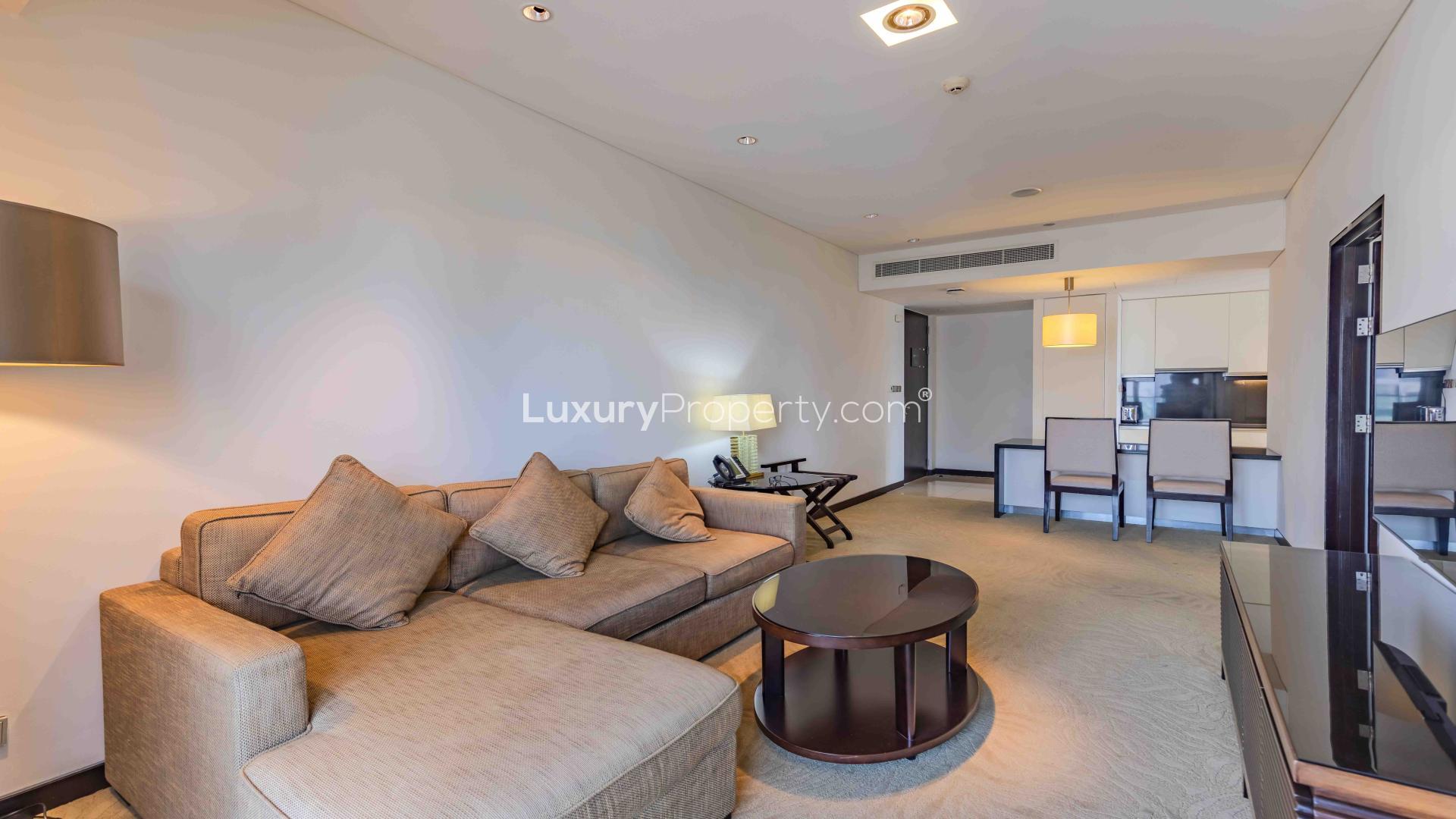 High floor apartment interior, JW Marriott Dubai Marina, featuring modern living room and kitchen