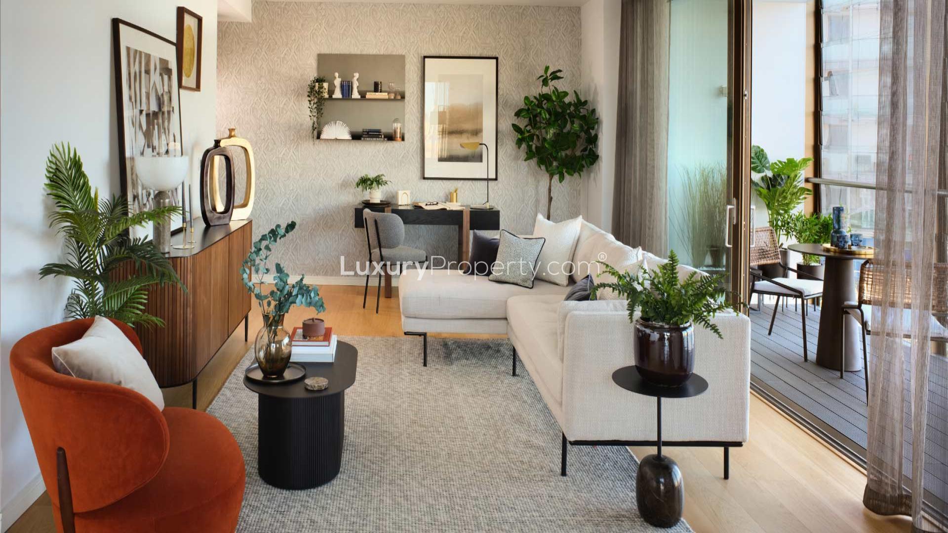 Luxurious living room with river view at Nine Eastfields, Wandsworth apartment for sale