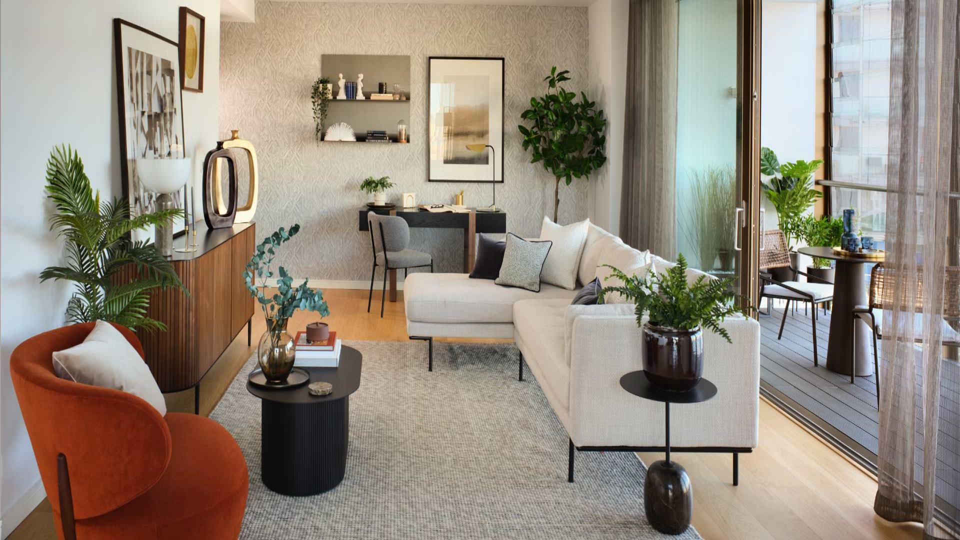 Luxurious living room with river view at Nine Eastfields, Wandsworth apartment for sale