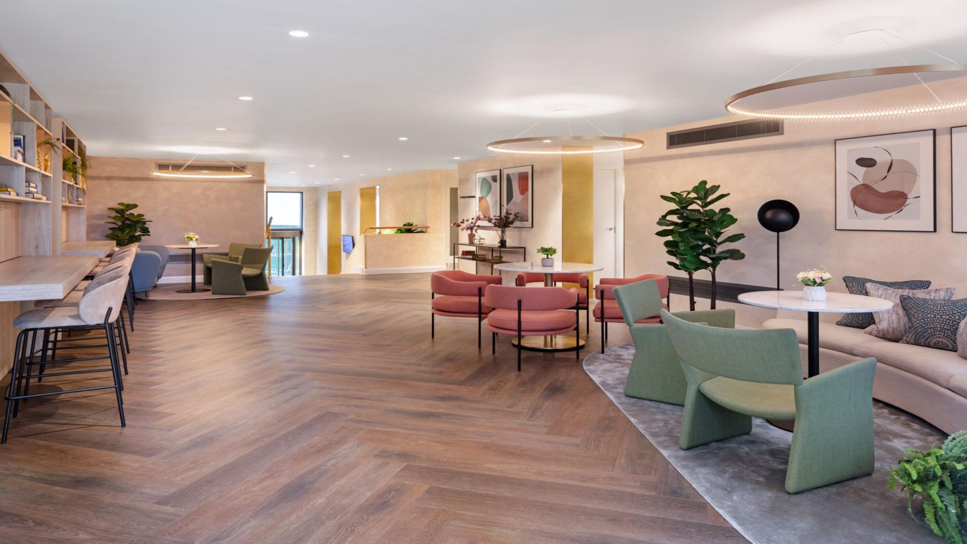 Modern lobby of Eden House apartments in Queens Cross, Royal Docks, London