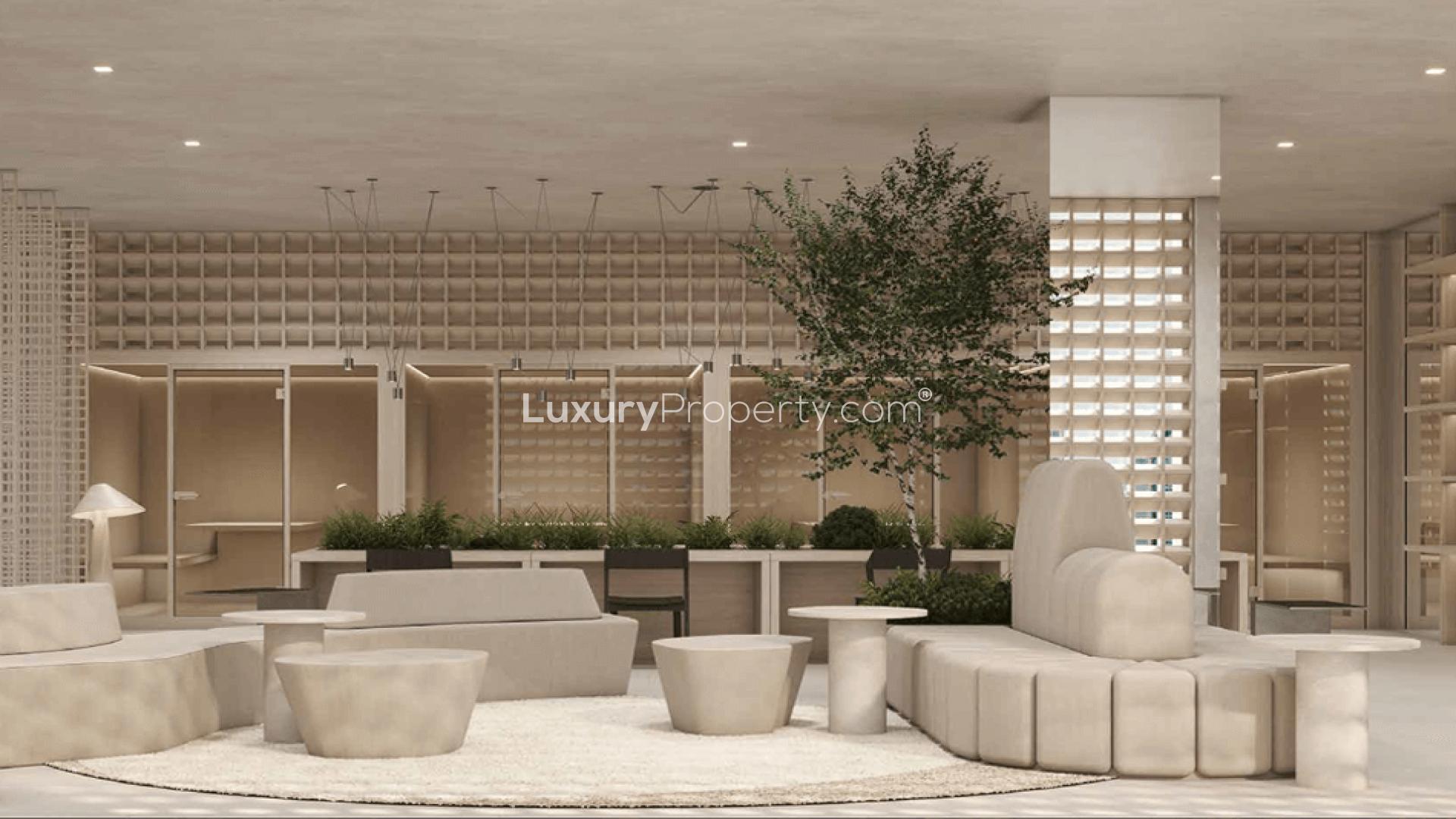 Furnished bedroom in Concept 7 Residences apartment, Jumeirah Village Circle, with city view