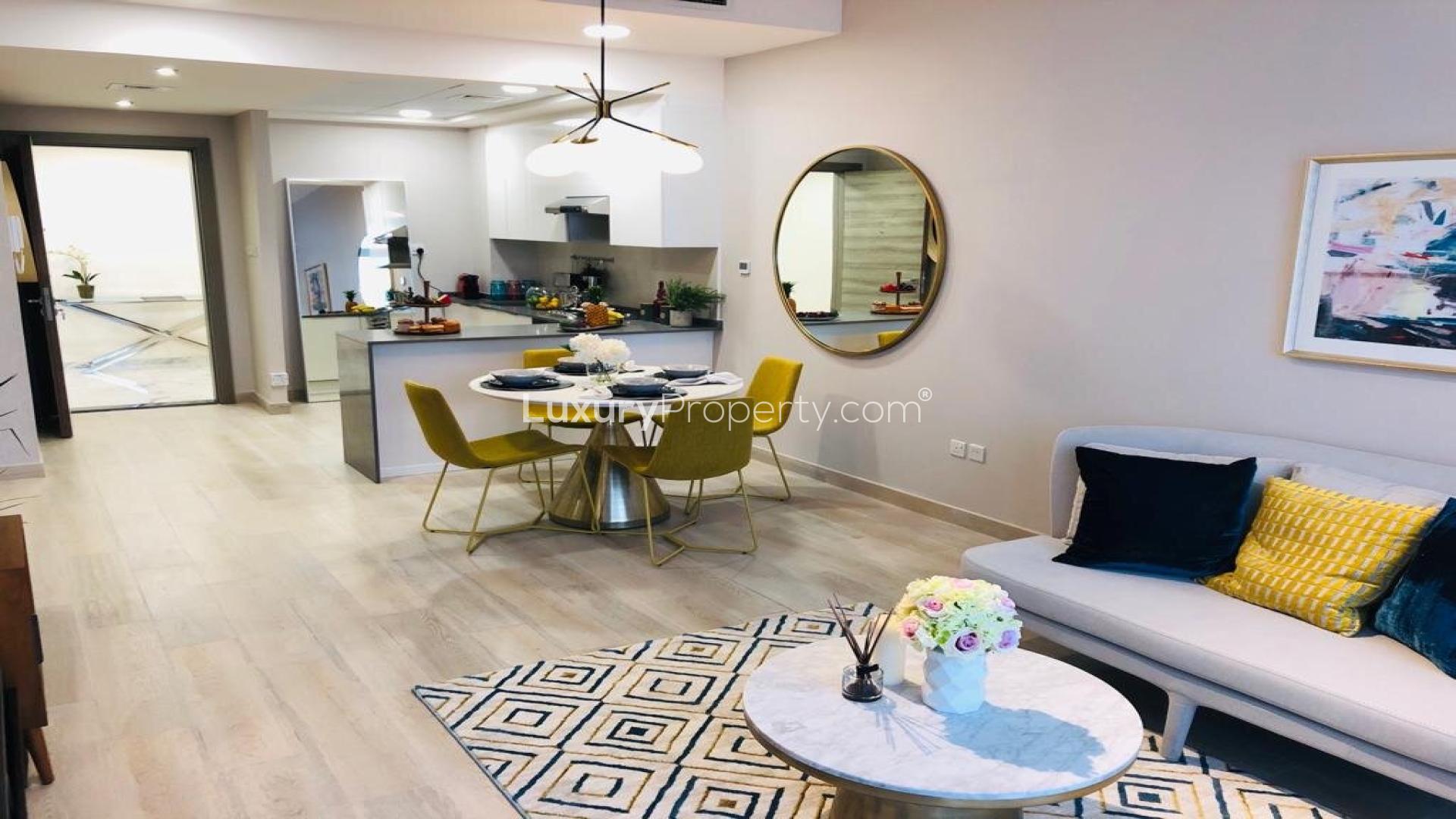 Modern bedroom with city view in Bloom Towers, Jumeirah Village Circle, Dubai apartment for sale