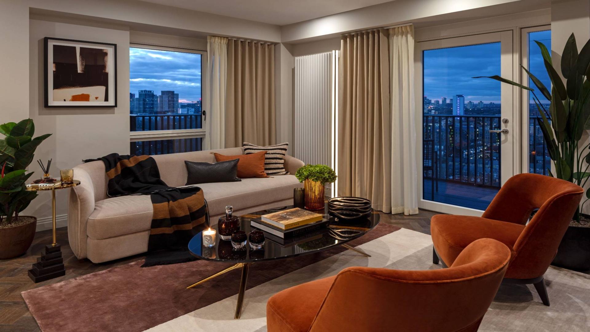 Stylish living room in one-bedroom apartment near Canary Wharf, Queens Cross, London