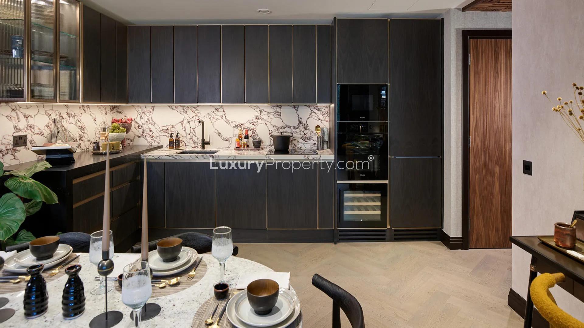 Stylish living room in Tranquillity Place apartment, London Dock, with modern decor and dining area