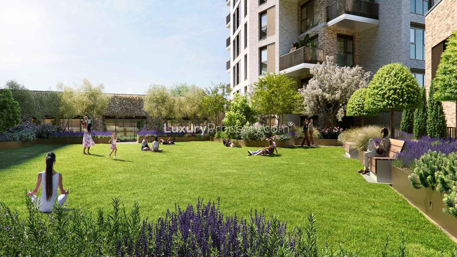 Modern open-plan living area in Bow Green apartment, London, with stylish decor and natural light