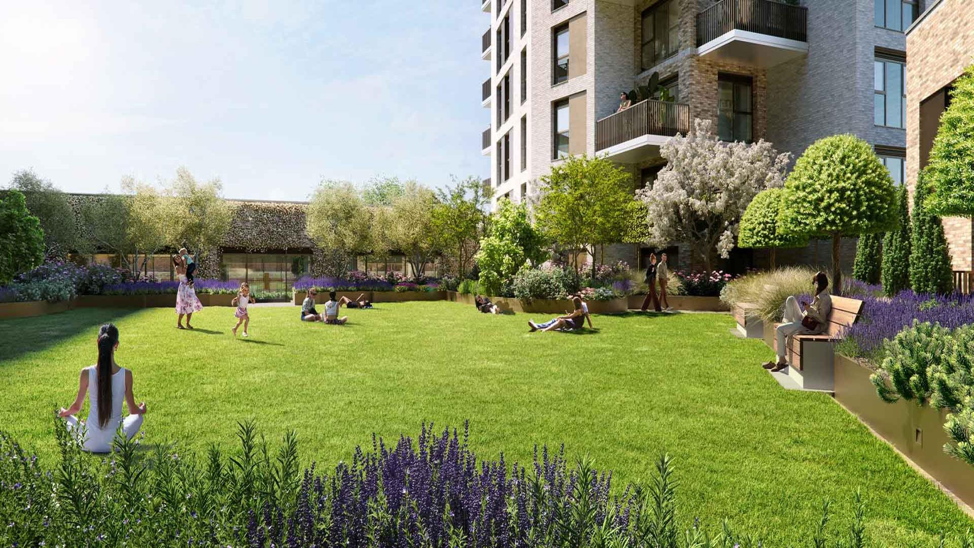 Modern open-plan living area in Bow Green apartment, London, with stylish decor and natural light