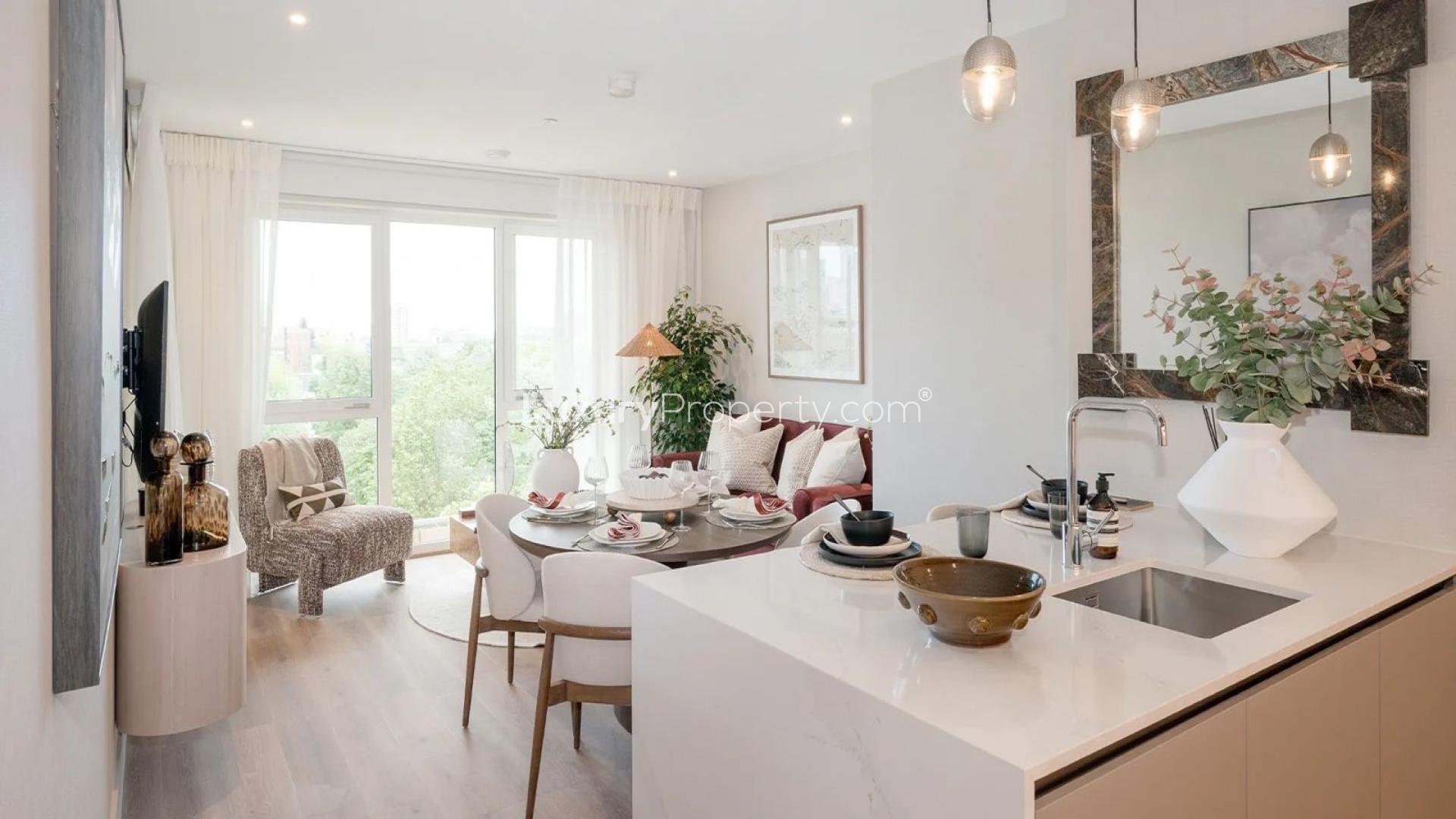 Aerial view of Bow Green's lush parkland near residential apartments, London E3 4BH