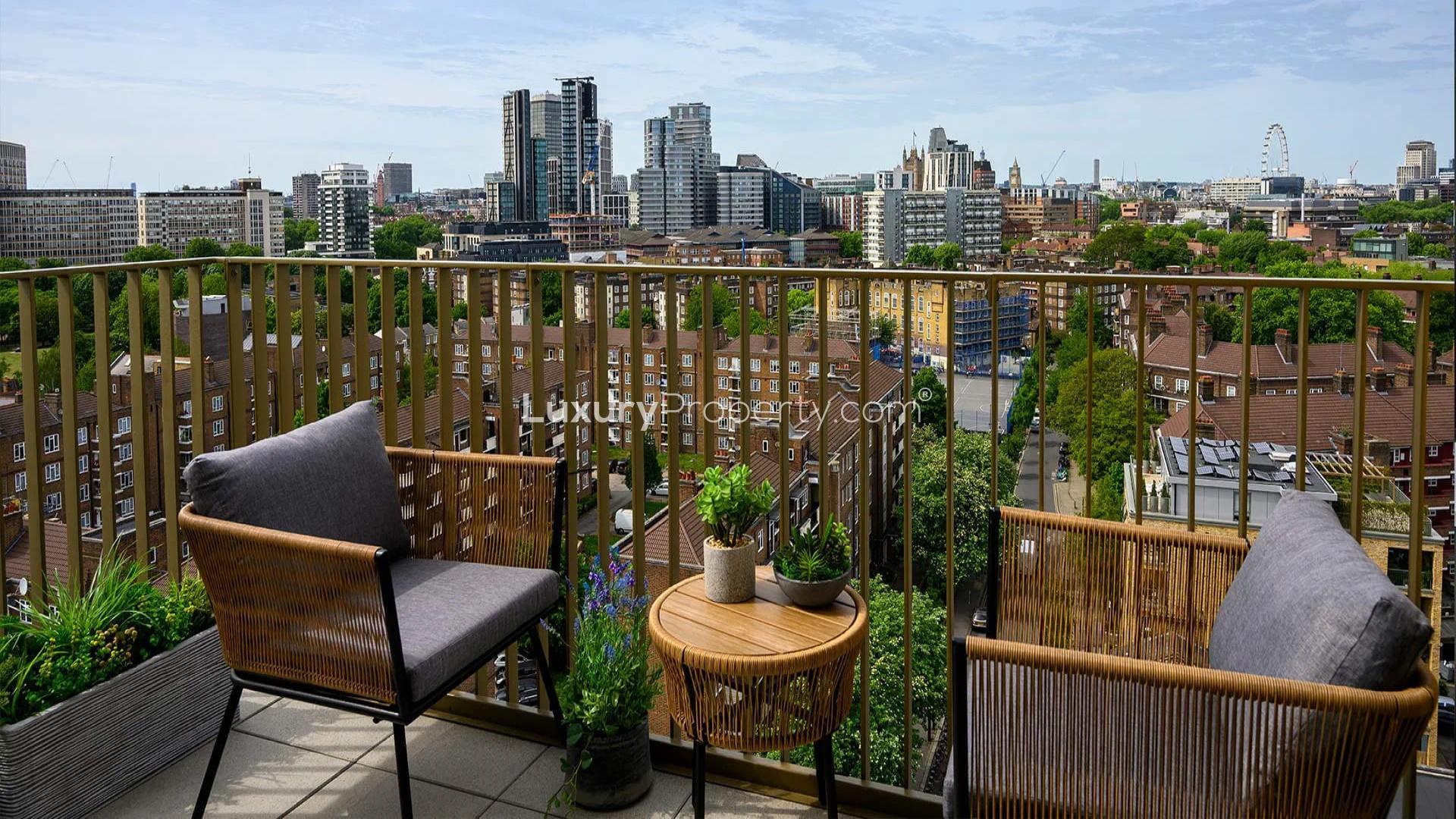 Balcony view from Oval Village apartment, London, showcasing cityscape and skyline
