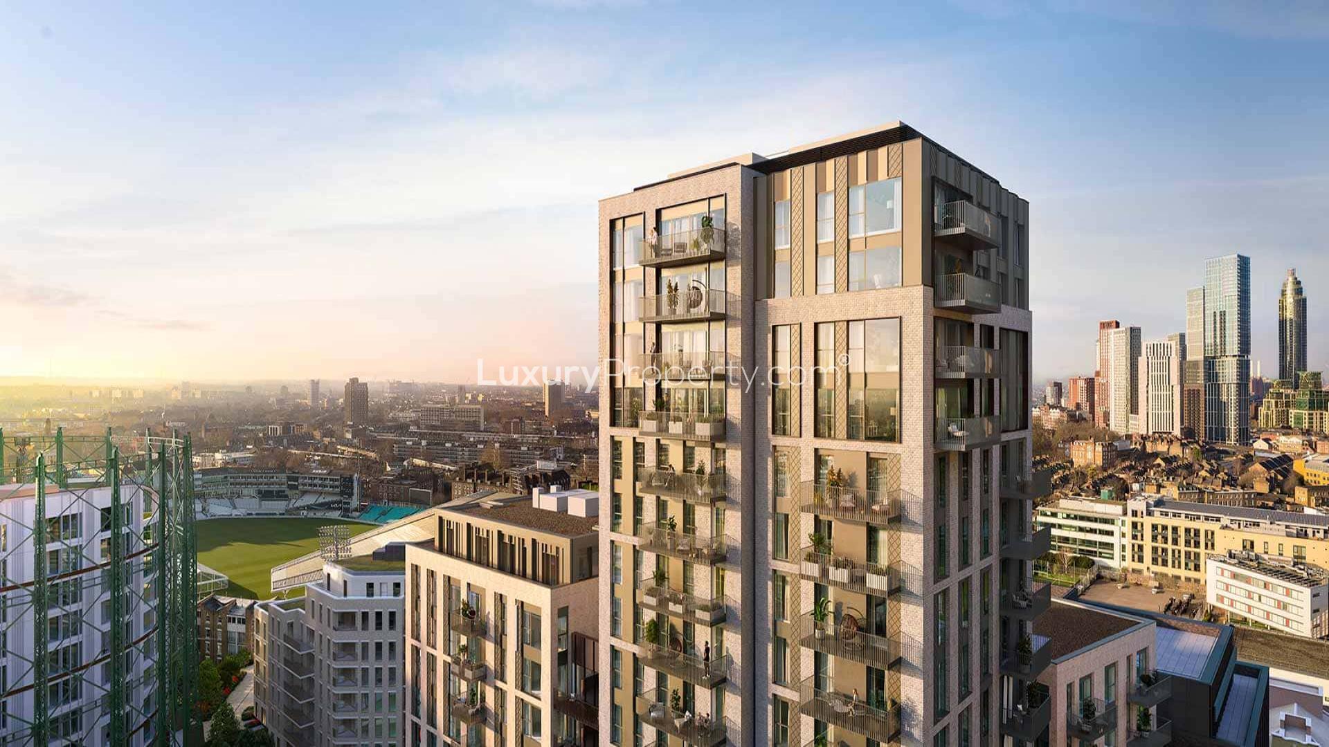 Modern apartment building in Oval Village, London, with city skyline views