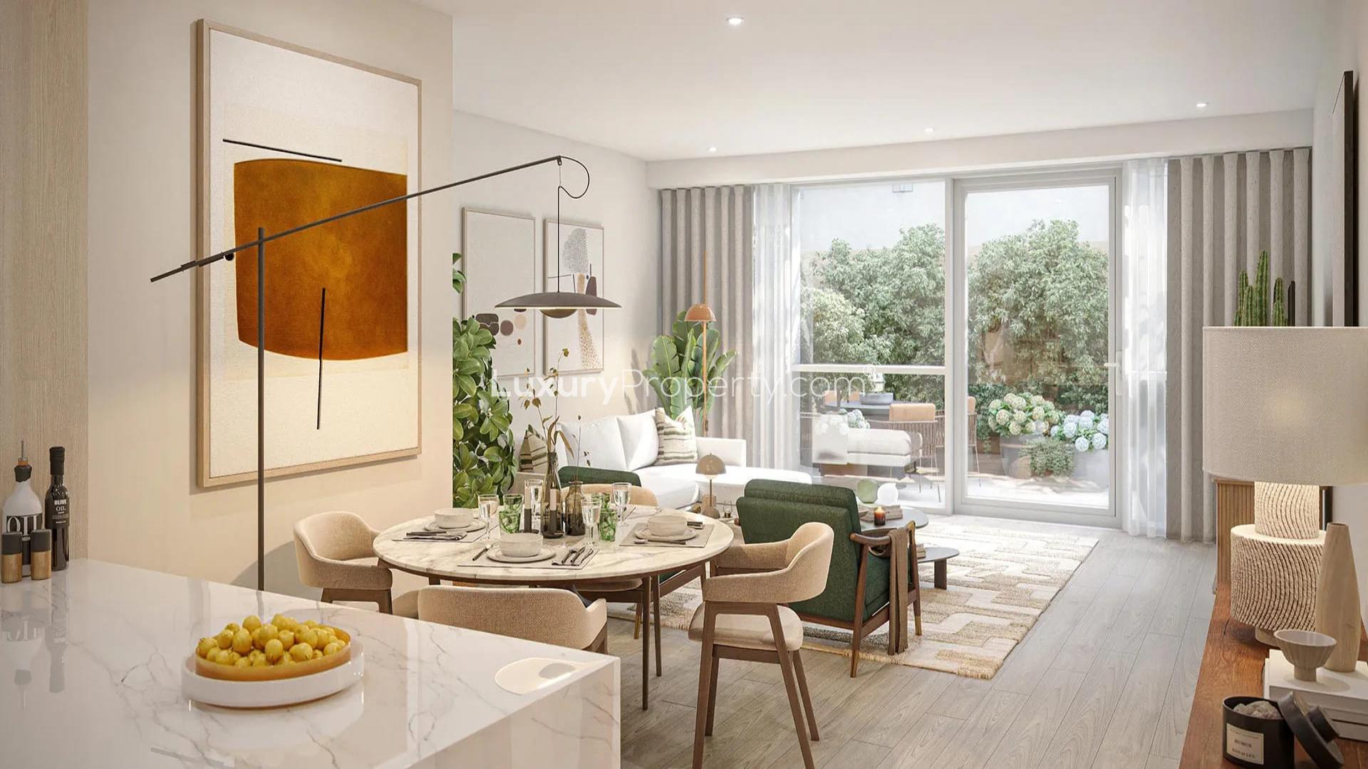 Stylish terrace at Chelsea Bridge Wharf apartment with modern outdoor seating and lush greenery