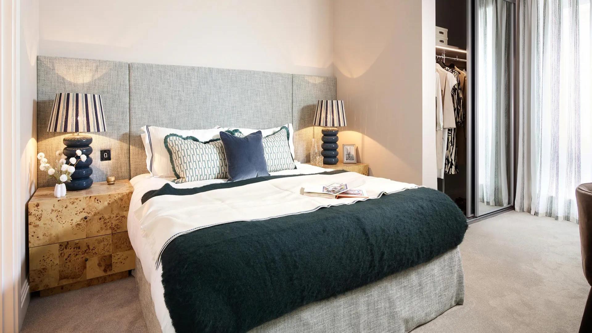 Stylish Chelsea Bridge Wharf apartment interior with modern decor and terrace view