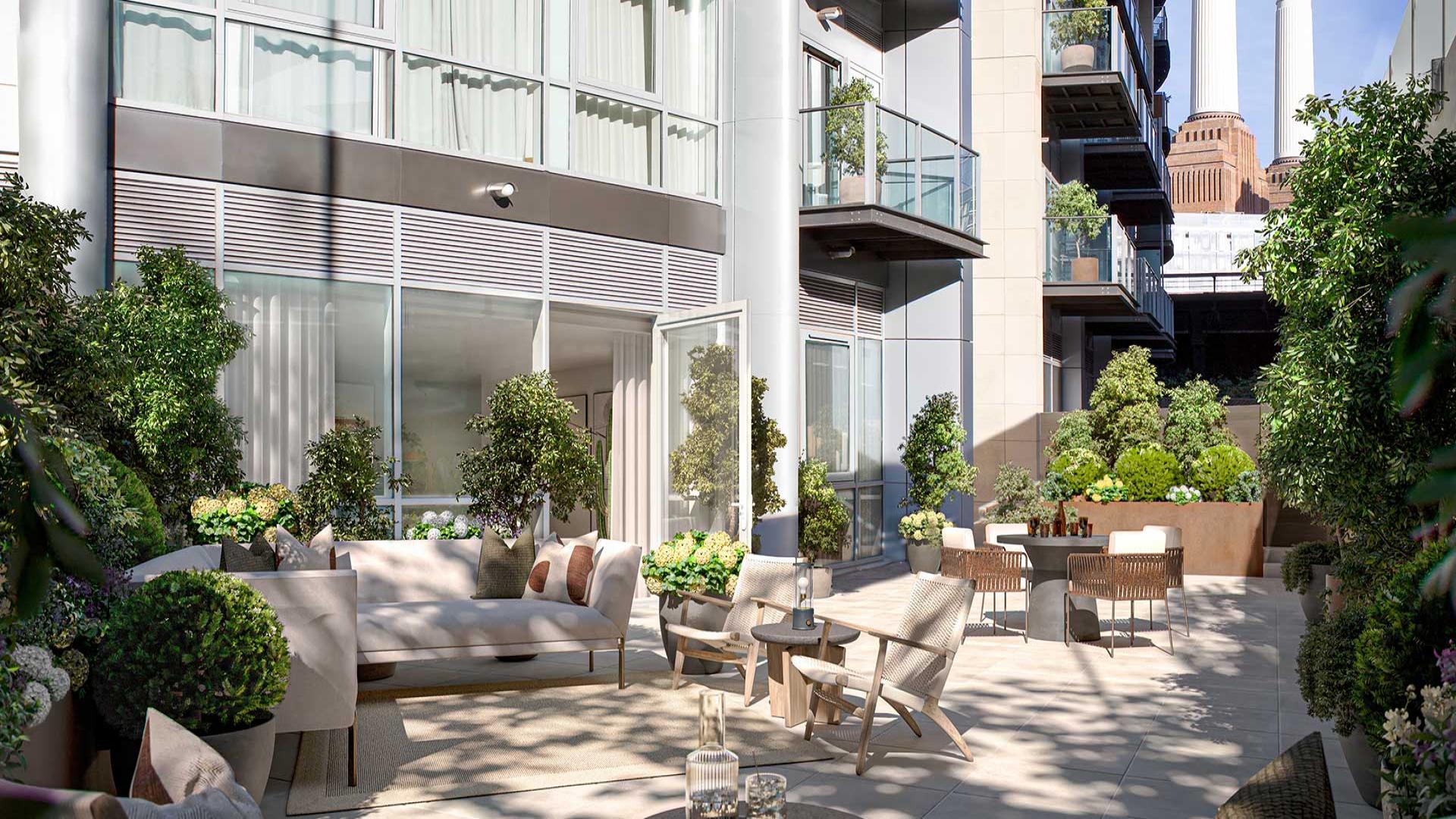 Stylish living room with terrace view in Chelsea Bridge Wharf apartment, London