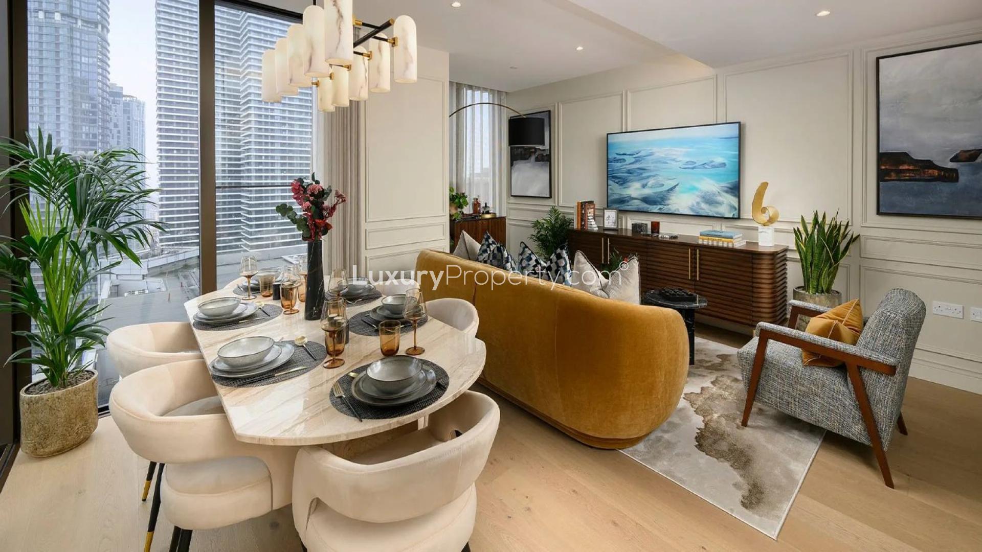 Cozy lounge area in Harcourt Gardens apartment, South Quay Plaza, London with modern decor