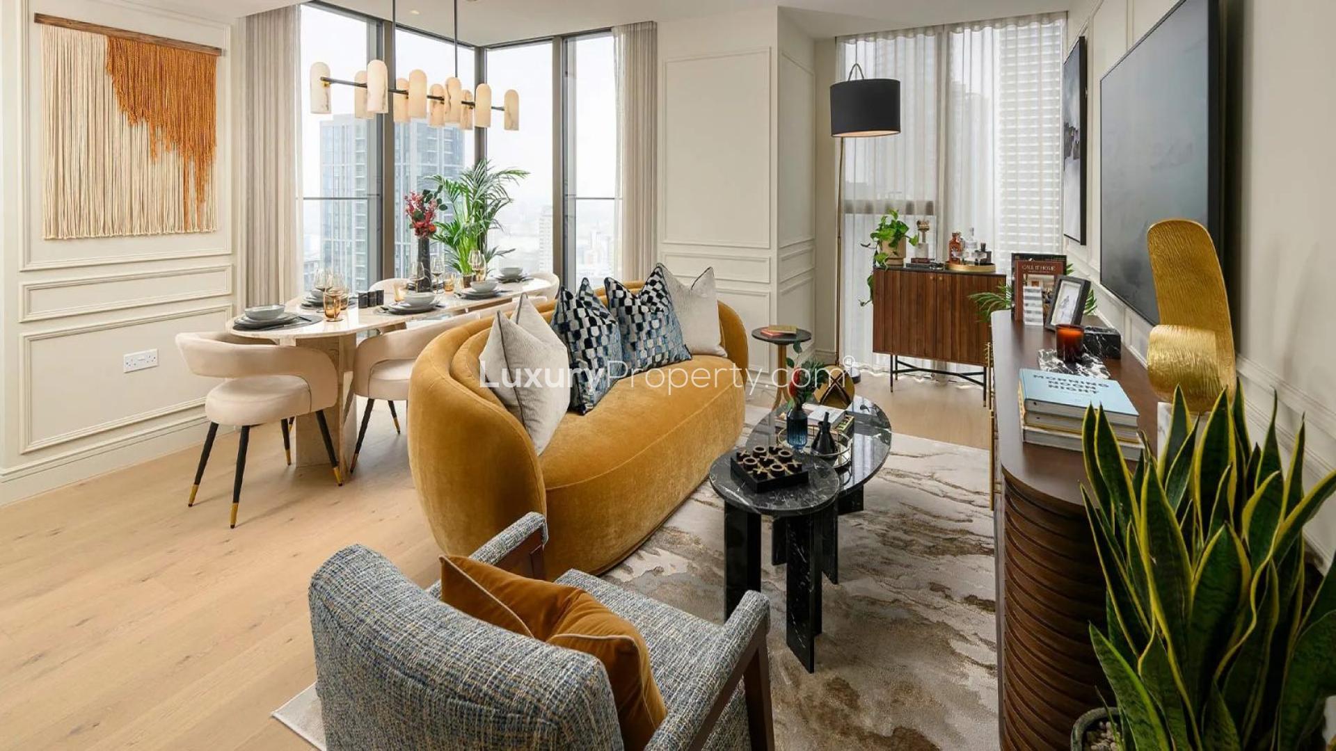 Luxurious living room in Harcourt Gardens apartment, South Quay Plaza, with skyline views