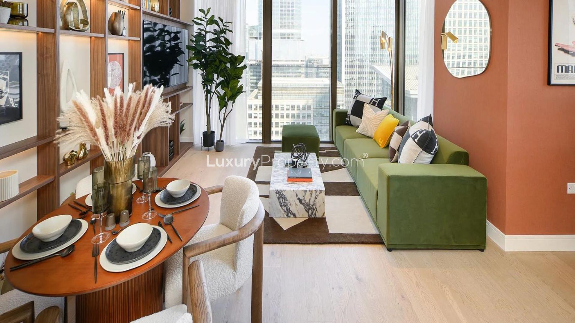 Modern living room in Harcourt Gardens apartment, featuring elegant decor and city skyline views