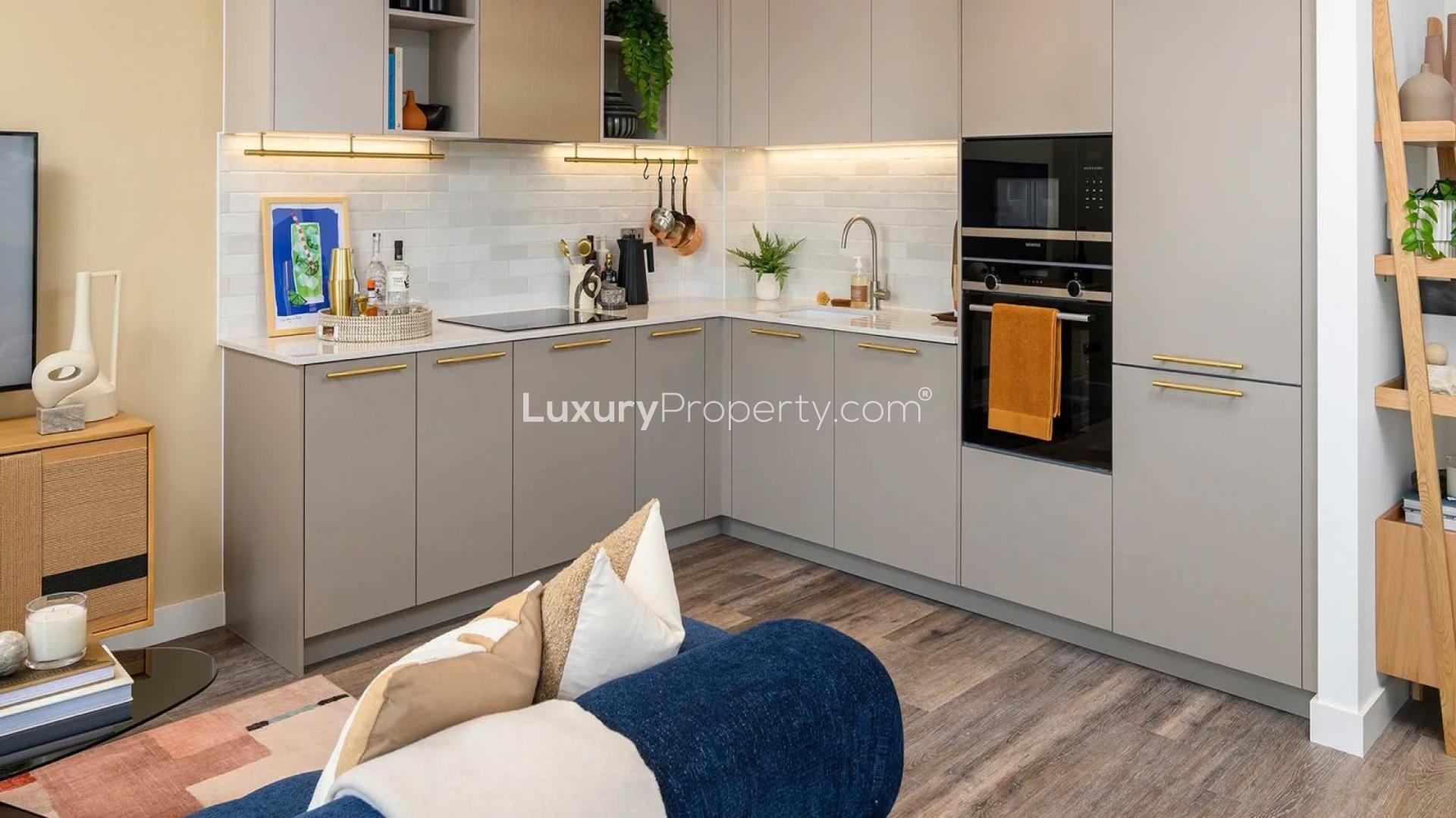 "Stylish lobby of Alexandra Gate apartment for sale near Alexandra Palace, London.",Modern kitchen in one-bedroom apartment for sale near Alexandra Palace, London
