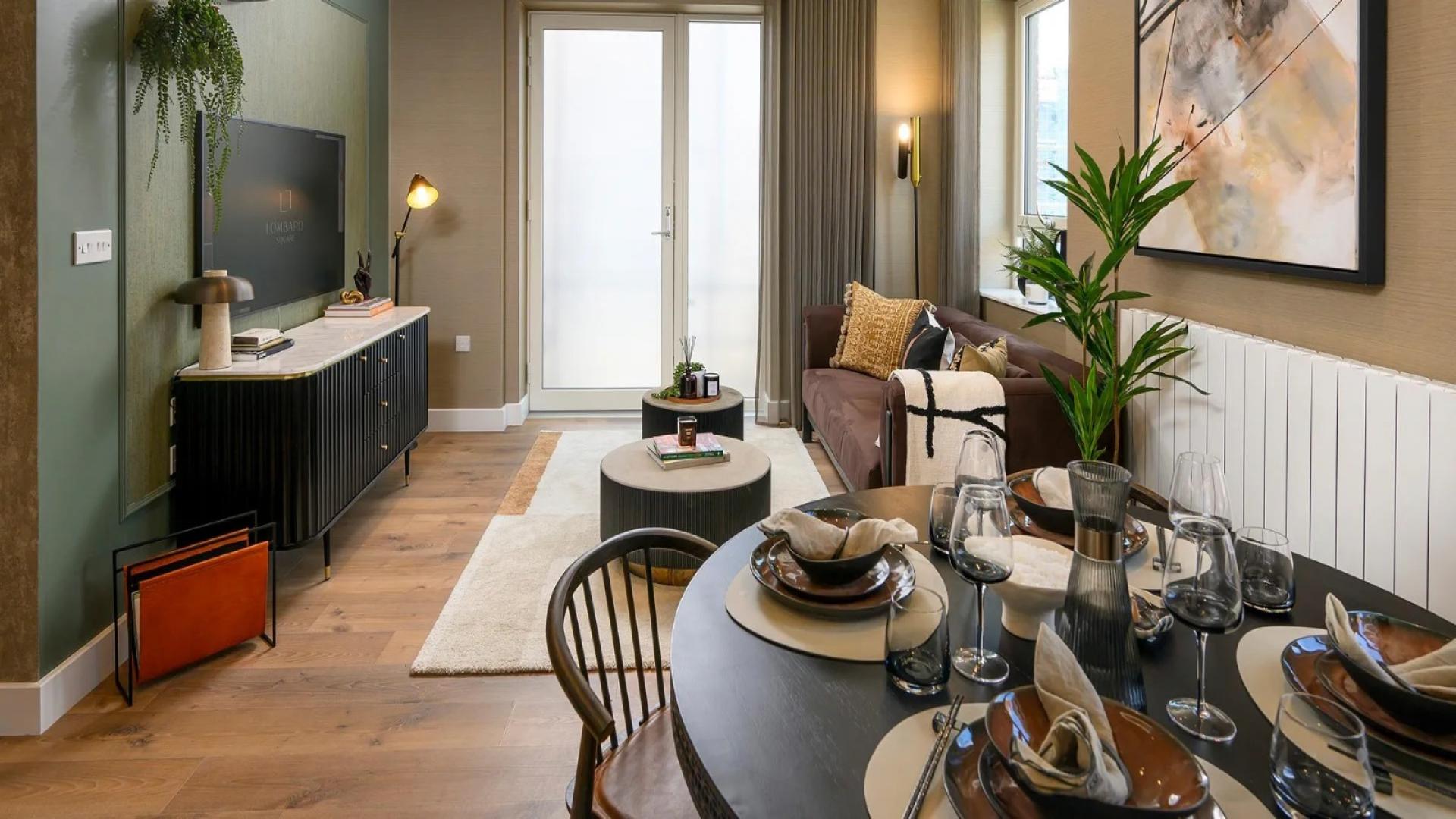 Contemporary apartment exterior at Lombard Square, London with scenic garden view