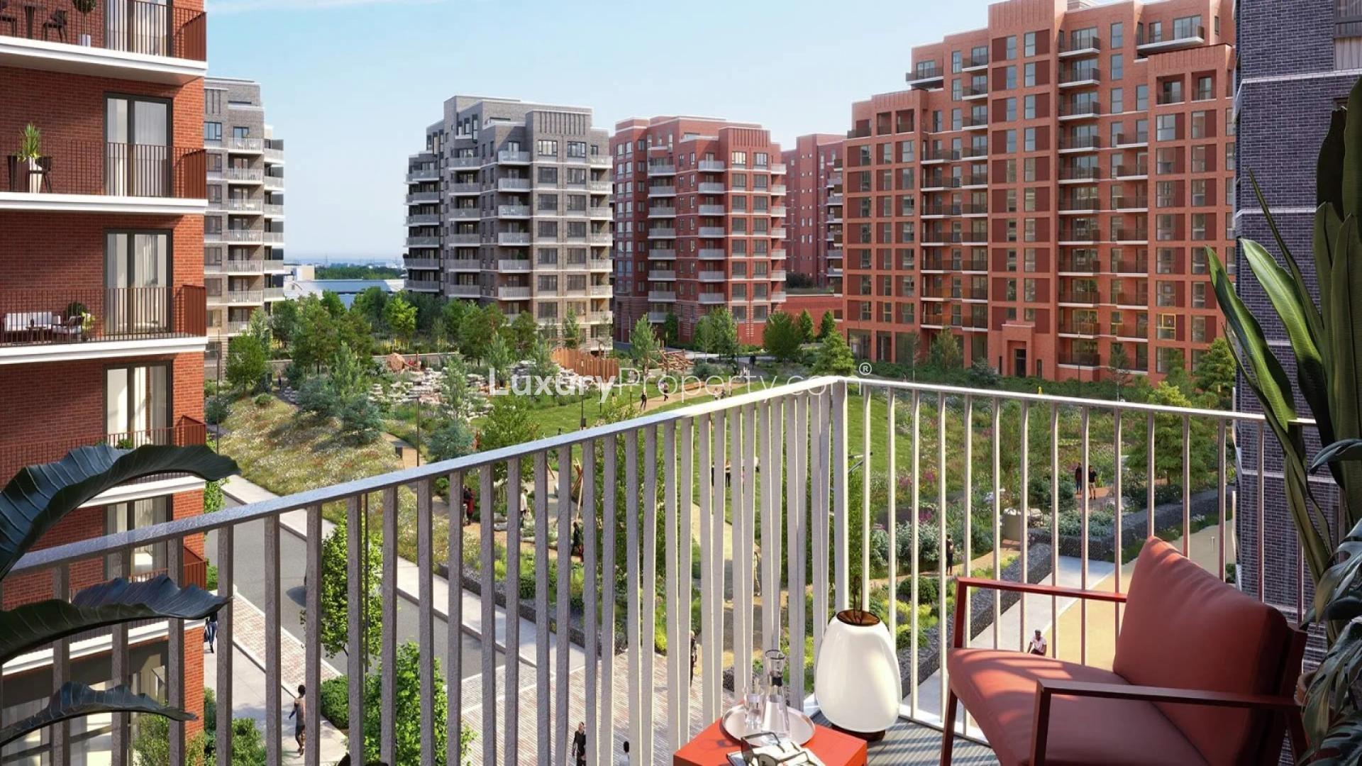 Contemporary living room in Lombard Square apartment, featuring modern decor and dining area