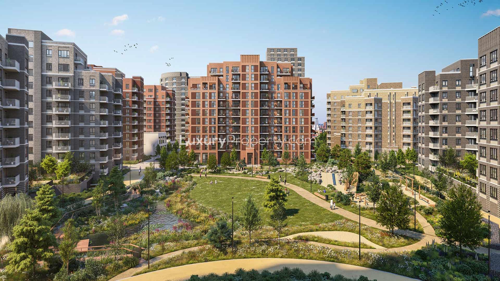Balcony view of Lombard Square garden in Opal House, London apartment for sale