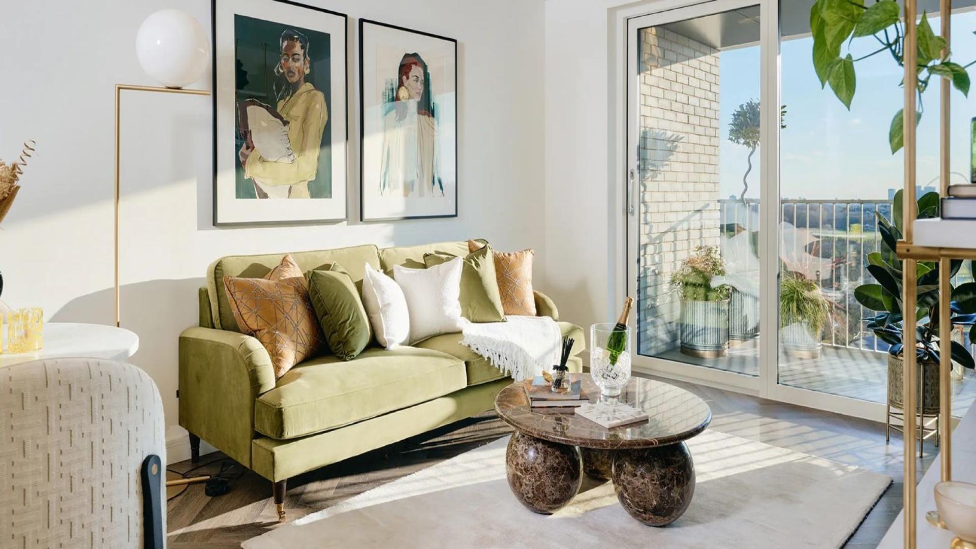 Modern living room in Lindley House apartment, Silkstream, London. Stylish decor with open kitchen