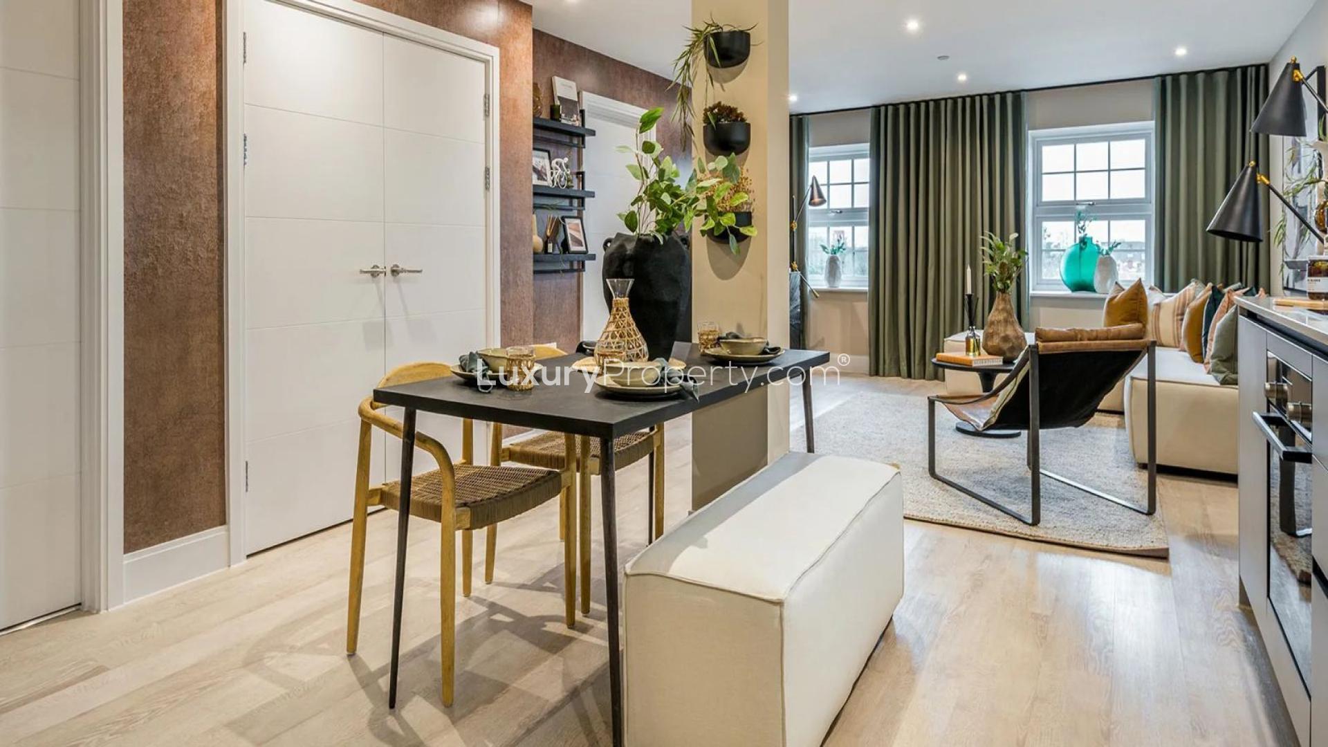 Modern kitchen and living area in Horlicks Factory apartment, London, for sale