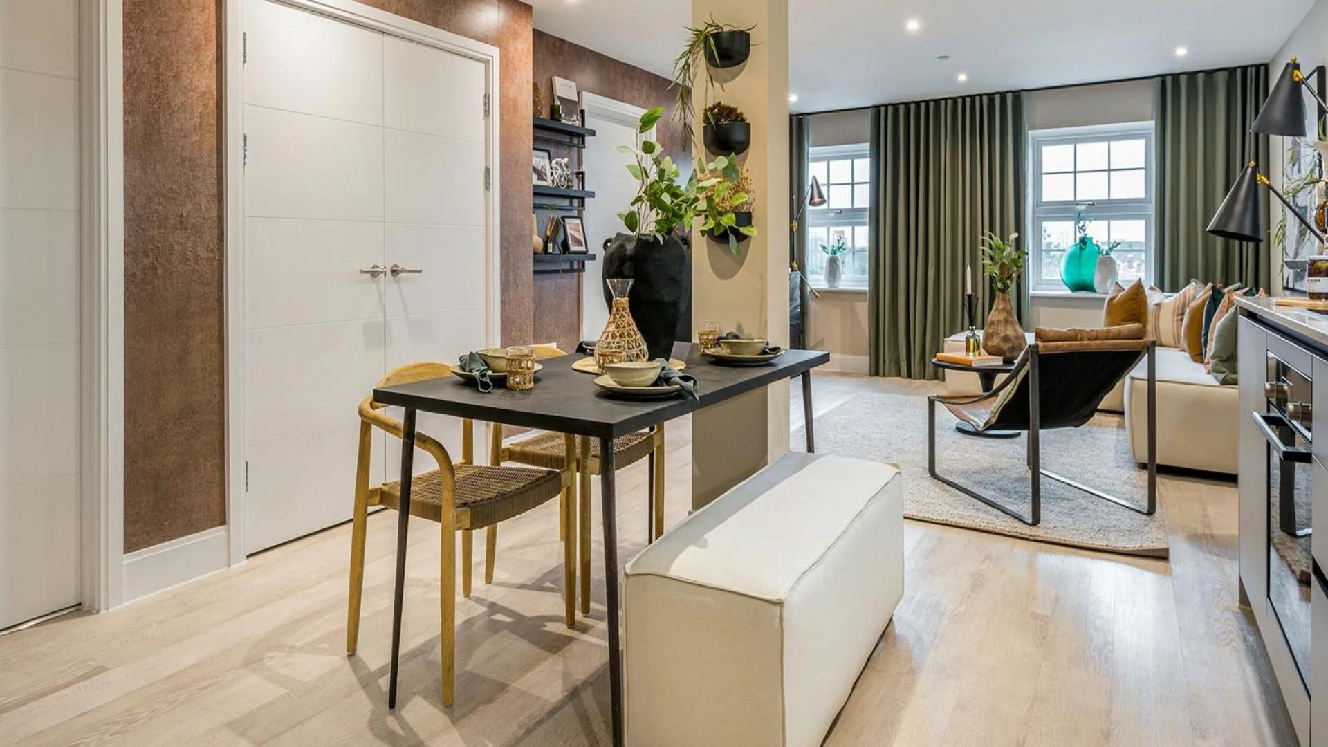 Modern kitchen and living area in Horlicks Factory apartment, London, for sale