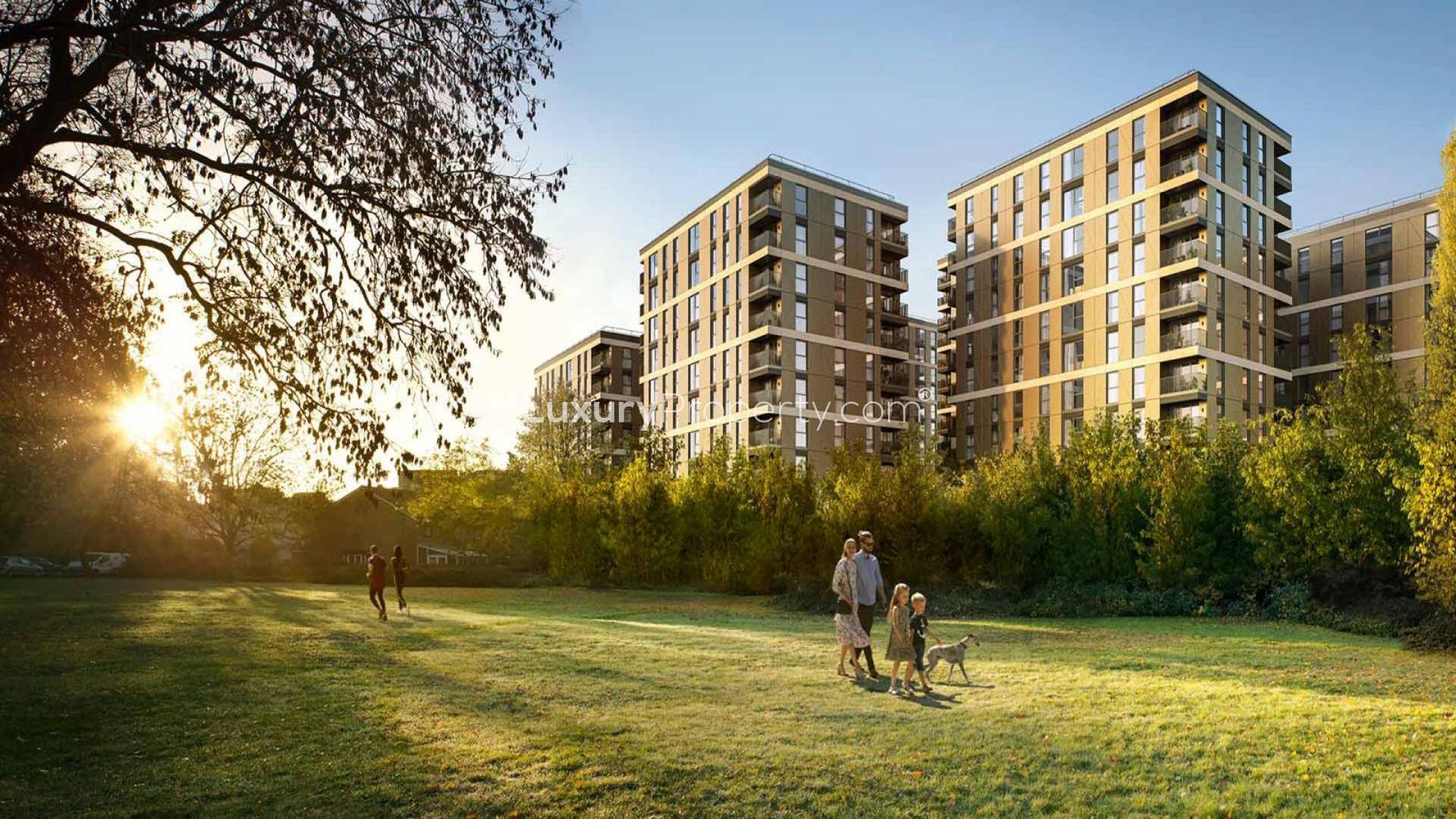 Modern living room in one-bedroom apartment at The Pavilions, Eden Grove, London