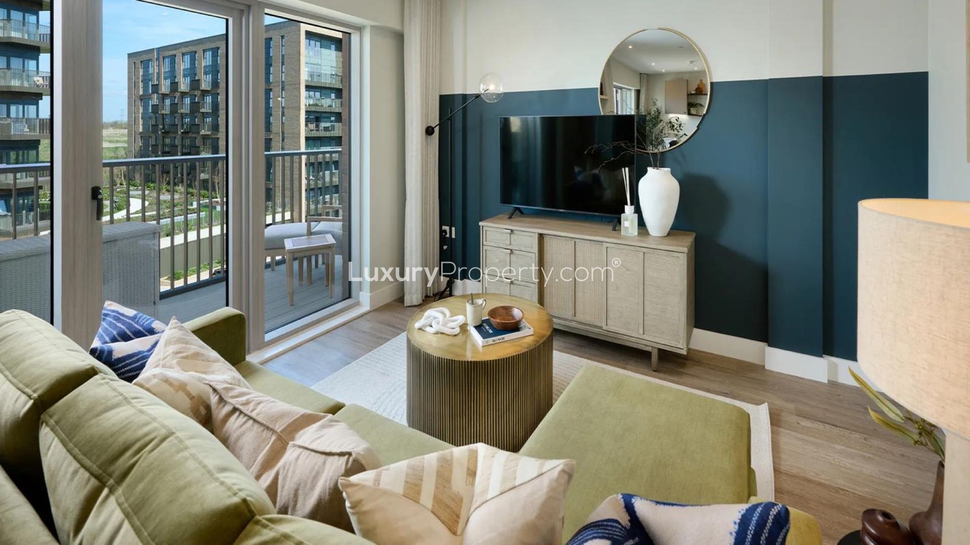 Modern living room in Bankside Gardens apartment with balcony view, Reading, London