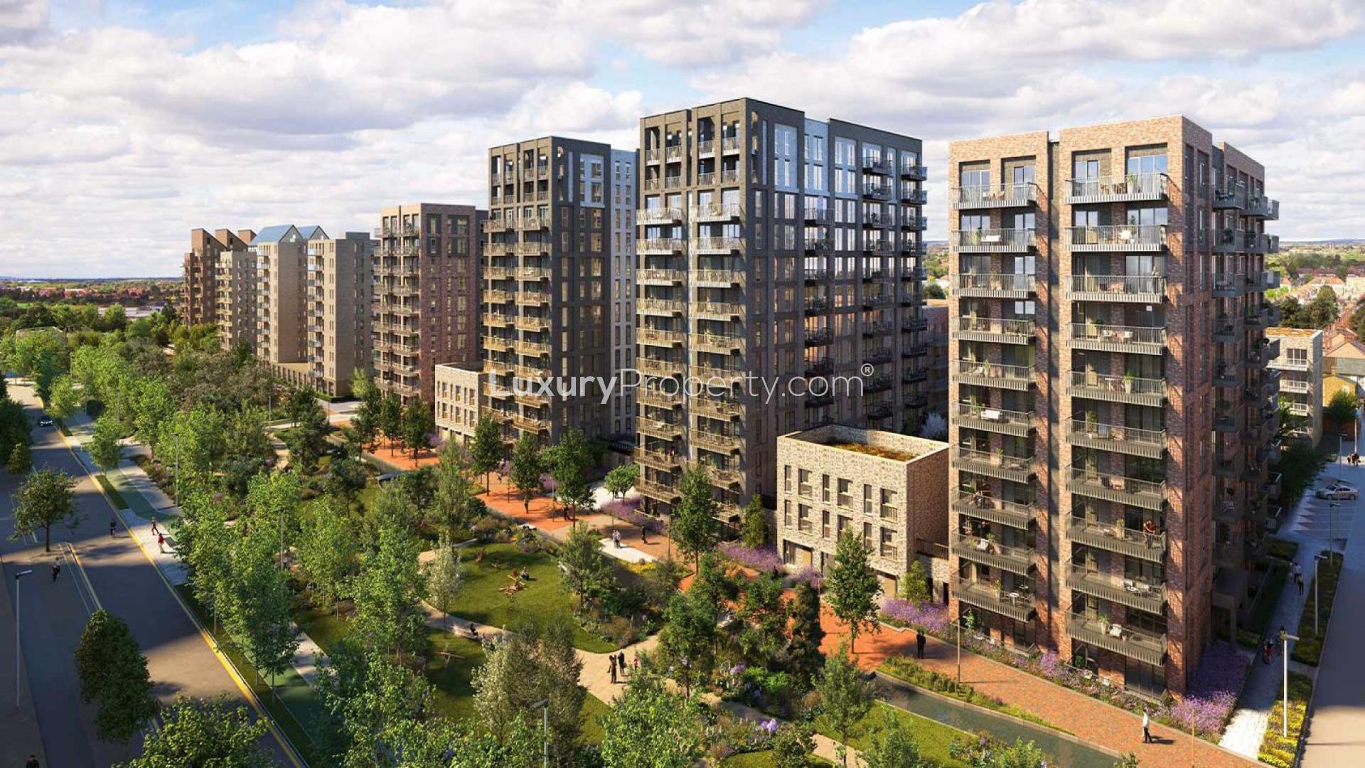 Cozy living room in Ealing apartment with red sofa and modern decor