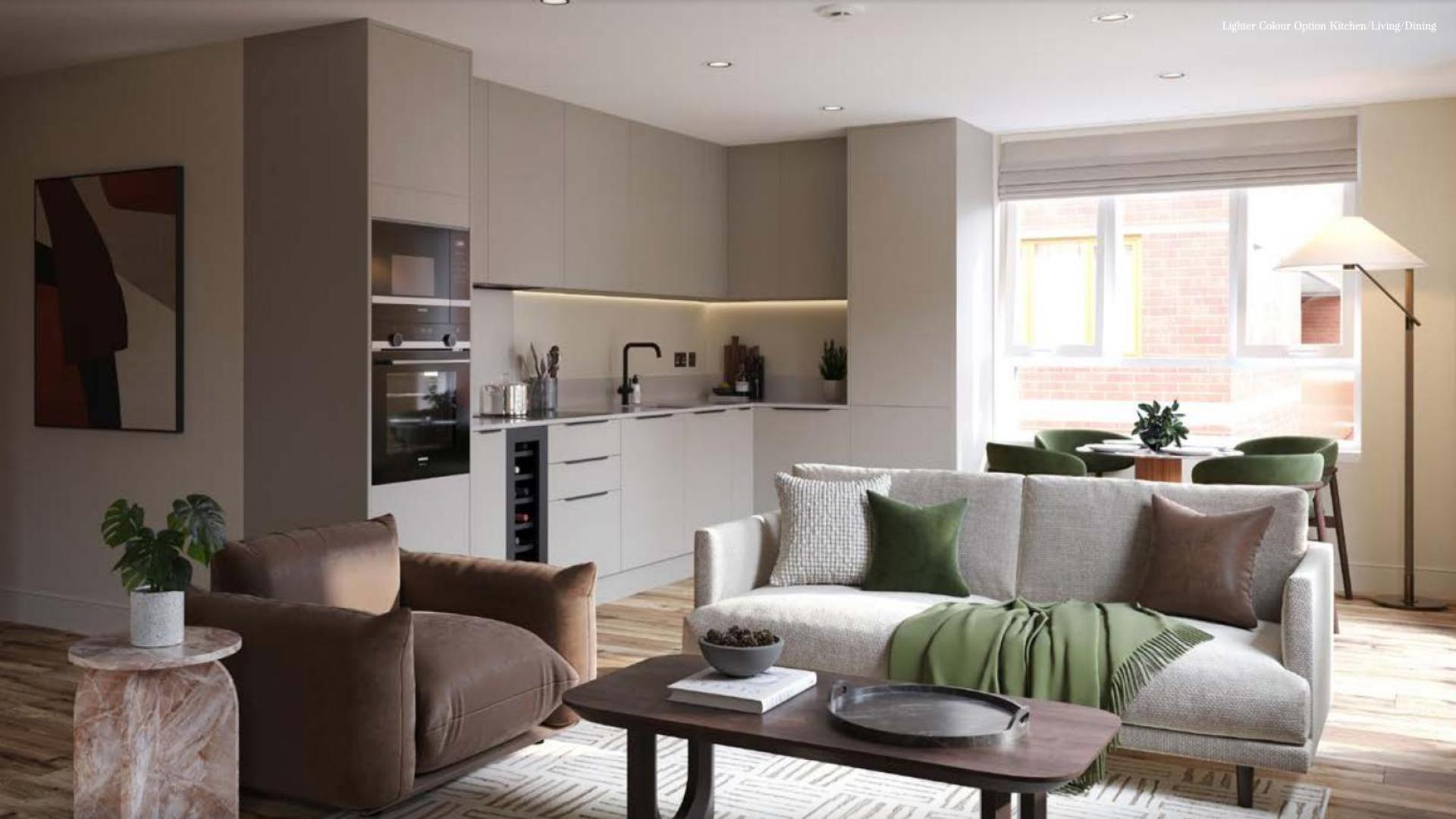 Modern London Square apartment exterior with brick facade and tree-lined walkway for sale