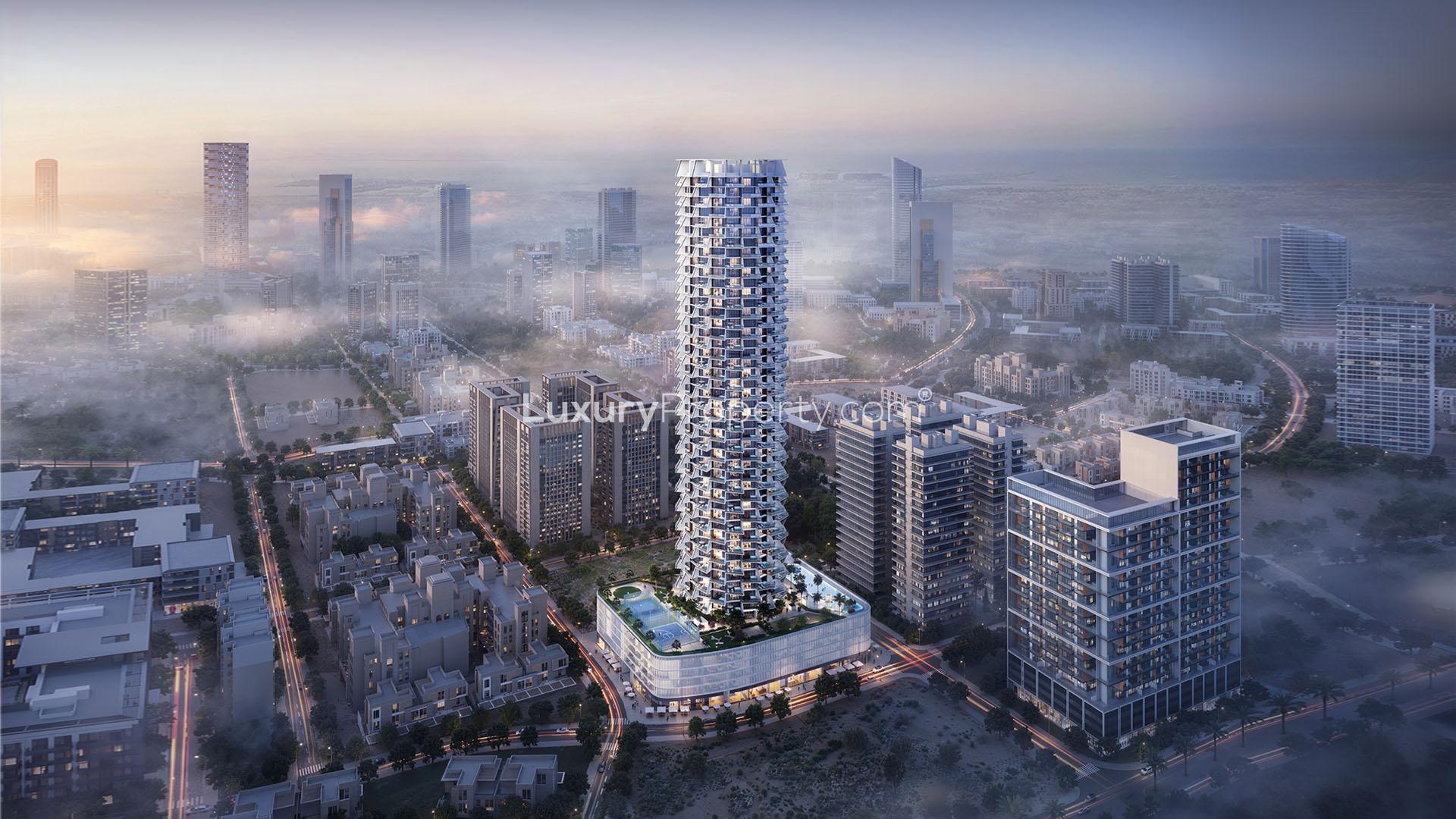 Stylish Binghatti Grove apartment balcony with city skyline view, Jumeirah Village Circle