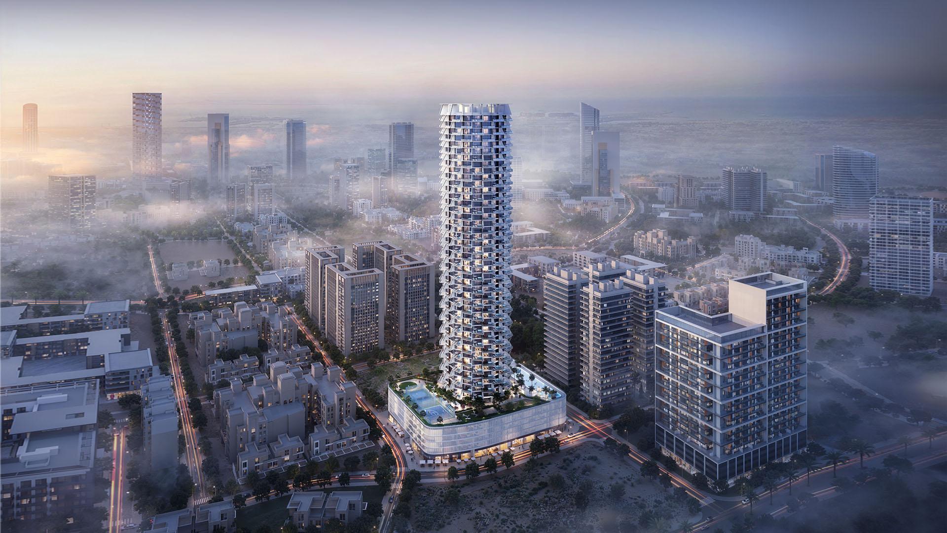 Stylish Binghatti Grove apartment balcony with city skyline view, Jumeirah Village Circle