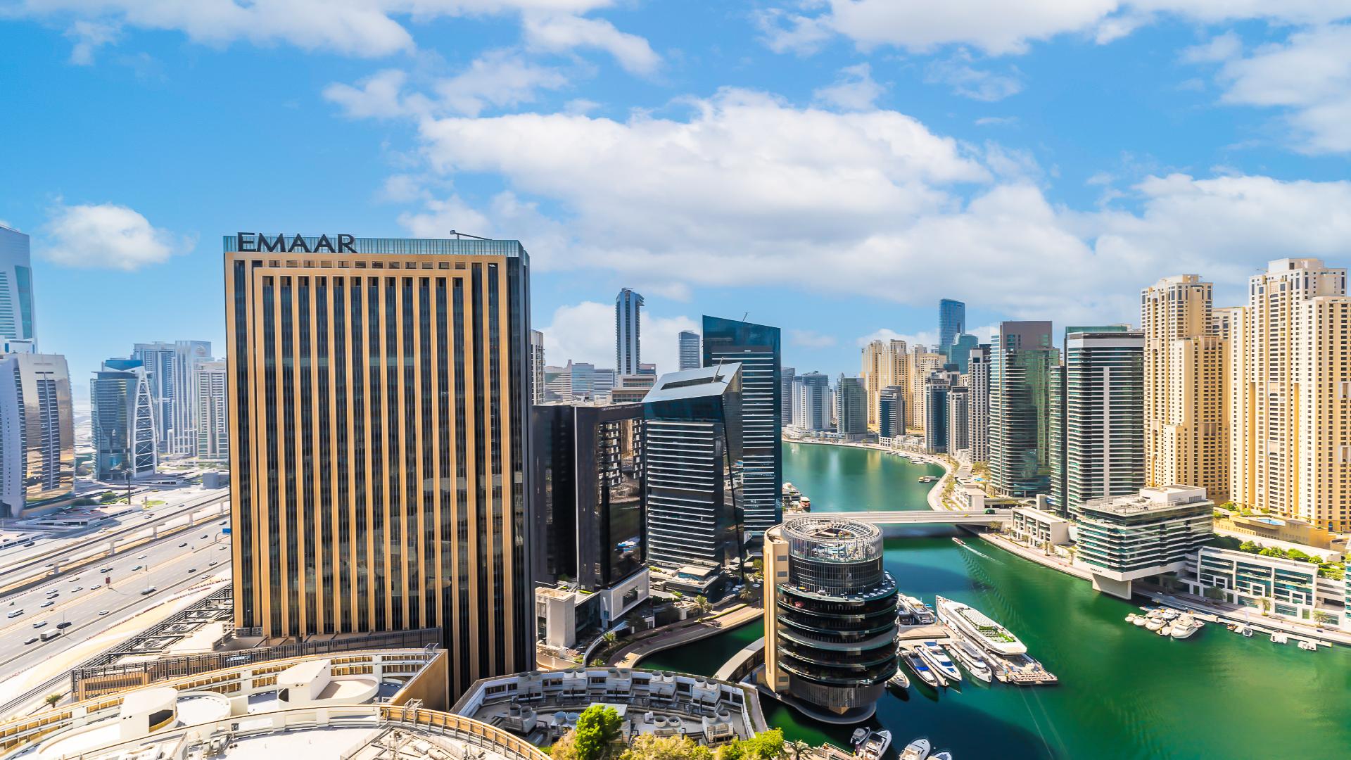 Elegant living room in JW Marriott Marina apartment with marina view, Dubai Marina