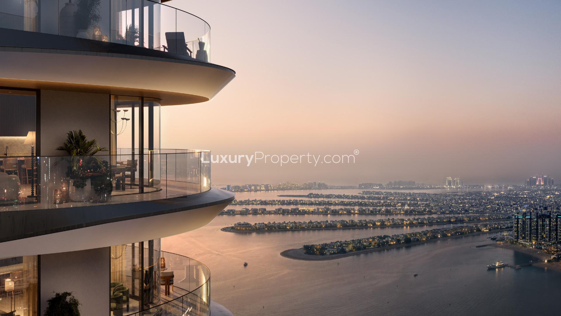 Emaar Beachfront apartment balcony with stunning ocean view at sunset, The Bristol community