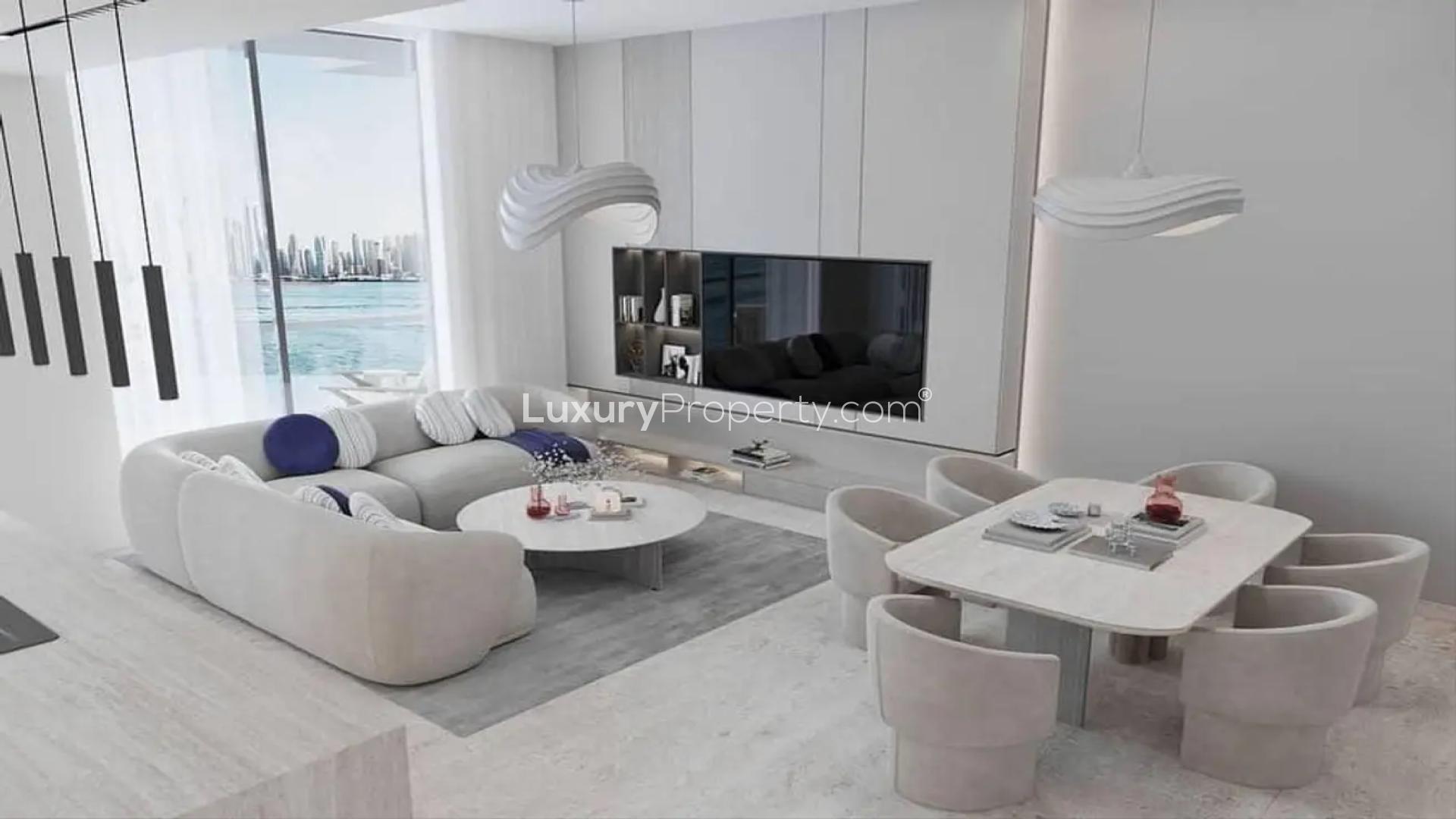 Modern lounge area in Pelagos by IGO, Dubai Marina apartment with city view