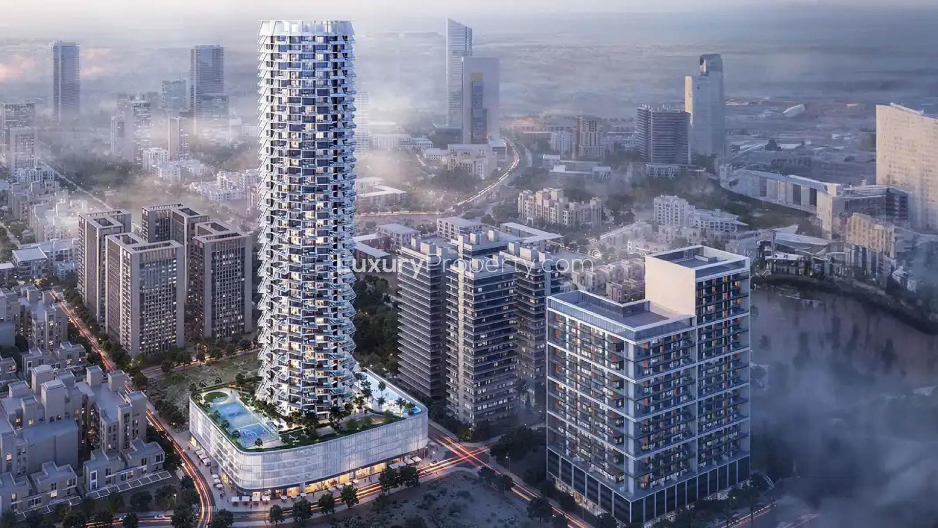 Modern living room in luxury 1-bedroom apartment, Binghatti Grove, Jumeirah Village Circle, for sale