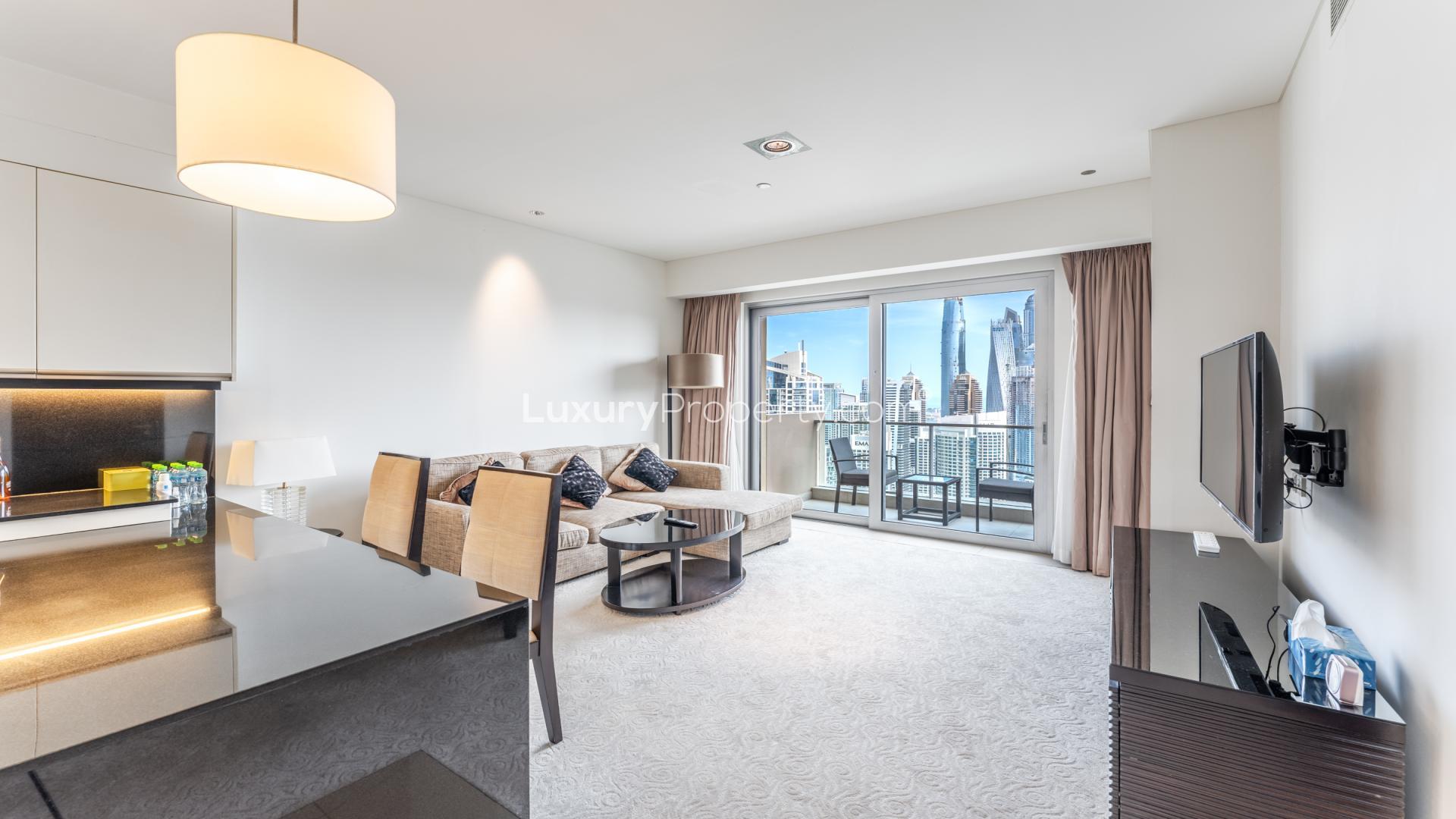 Modern apartment living room with Dubai Marina view, JW Marriott Hotel, for sale