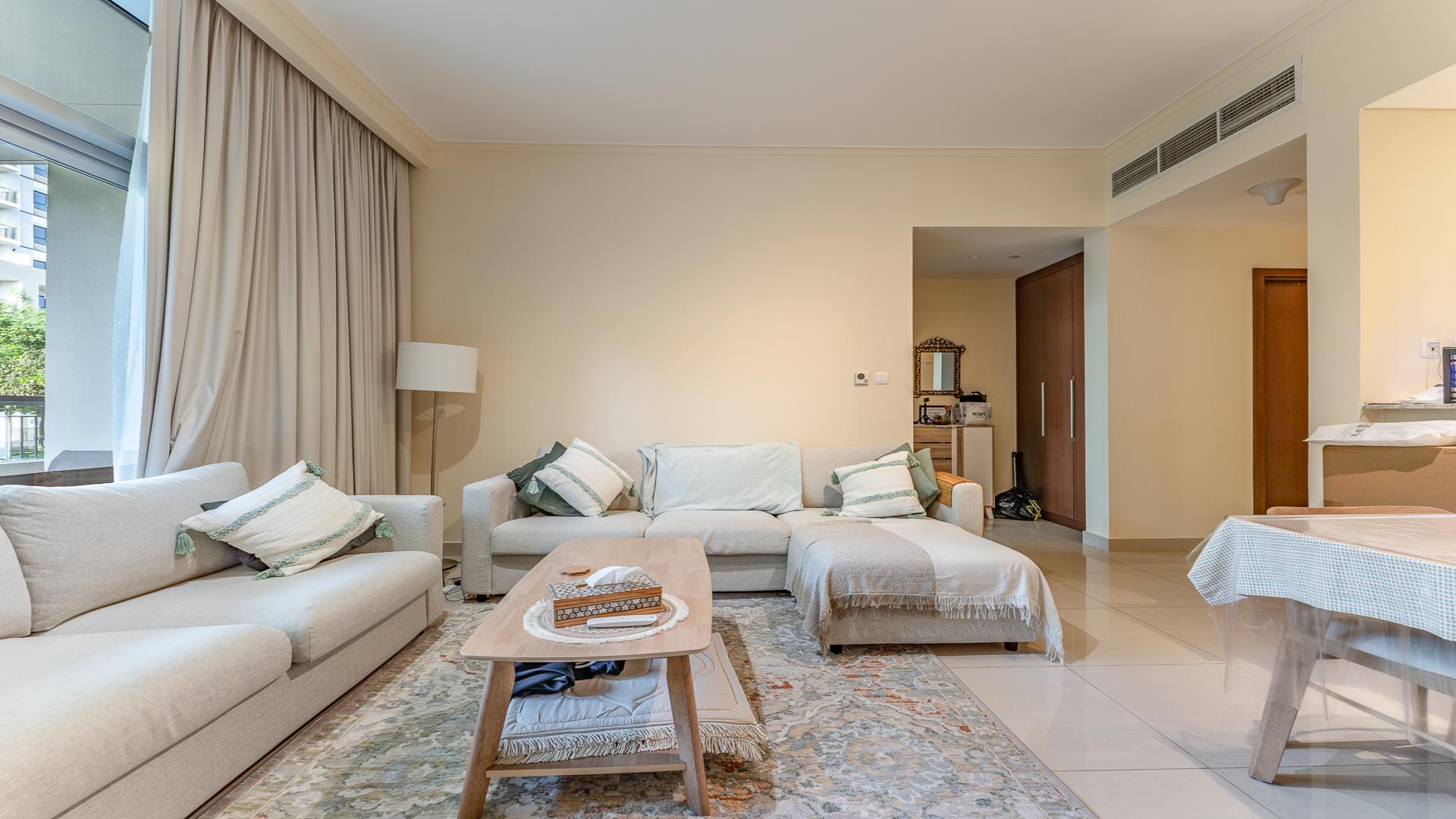 Modern living room and kitchen in Mulberry apartment, Dubai Hills Estate, for sale