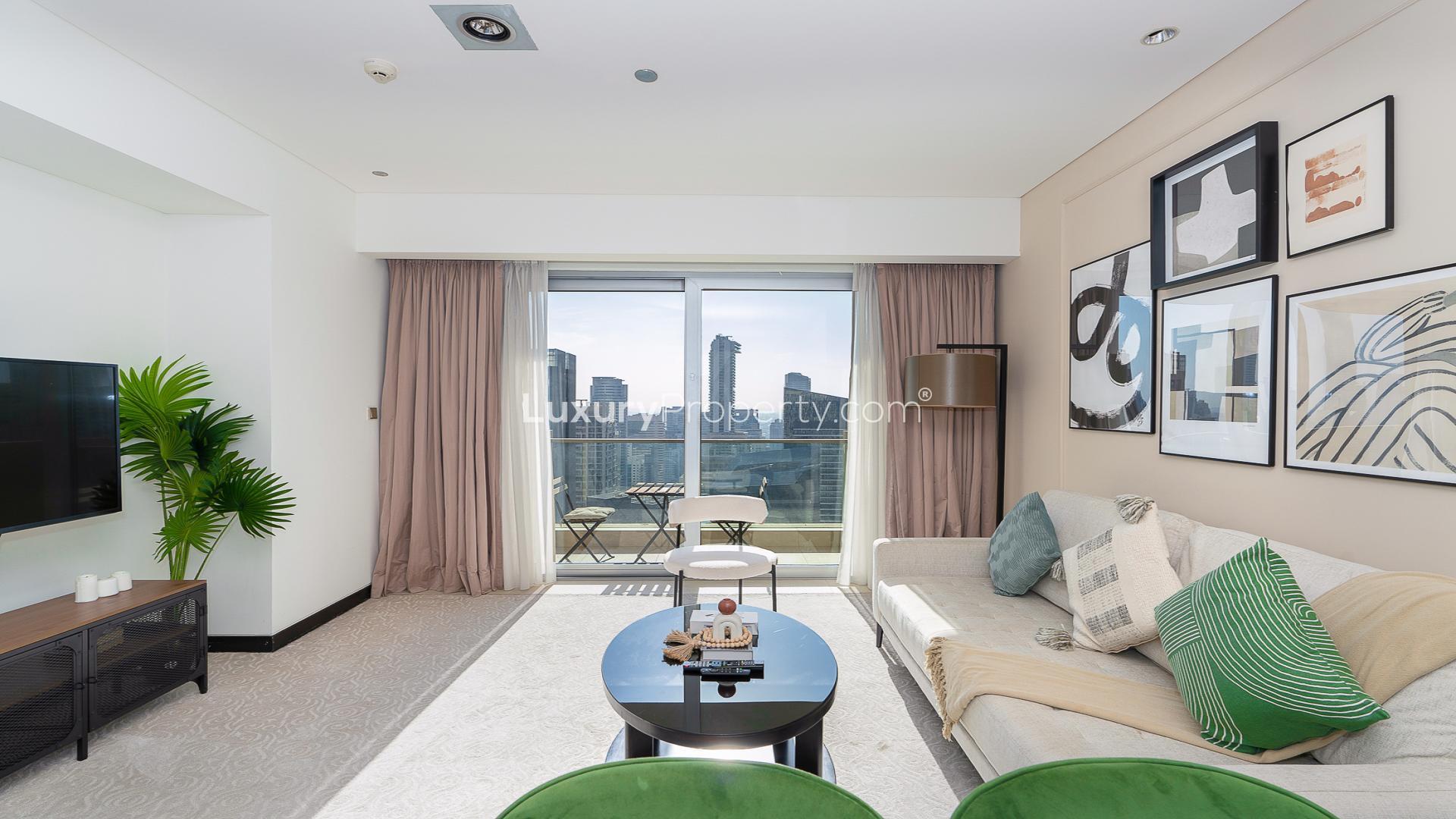 High floor furnished apartment living room with balcony view in JW Marriott Dubai Marina