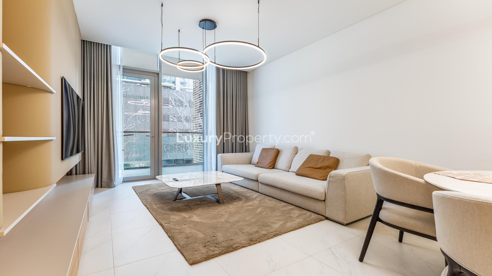 Furnished apartment interior with modern dining area in District One Residences, Mohammad Bin Rashid City