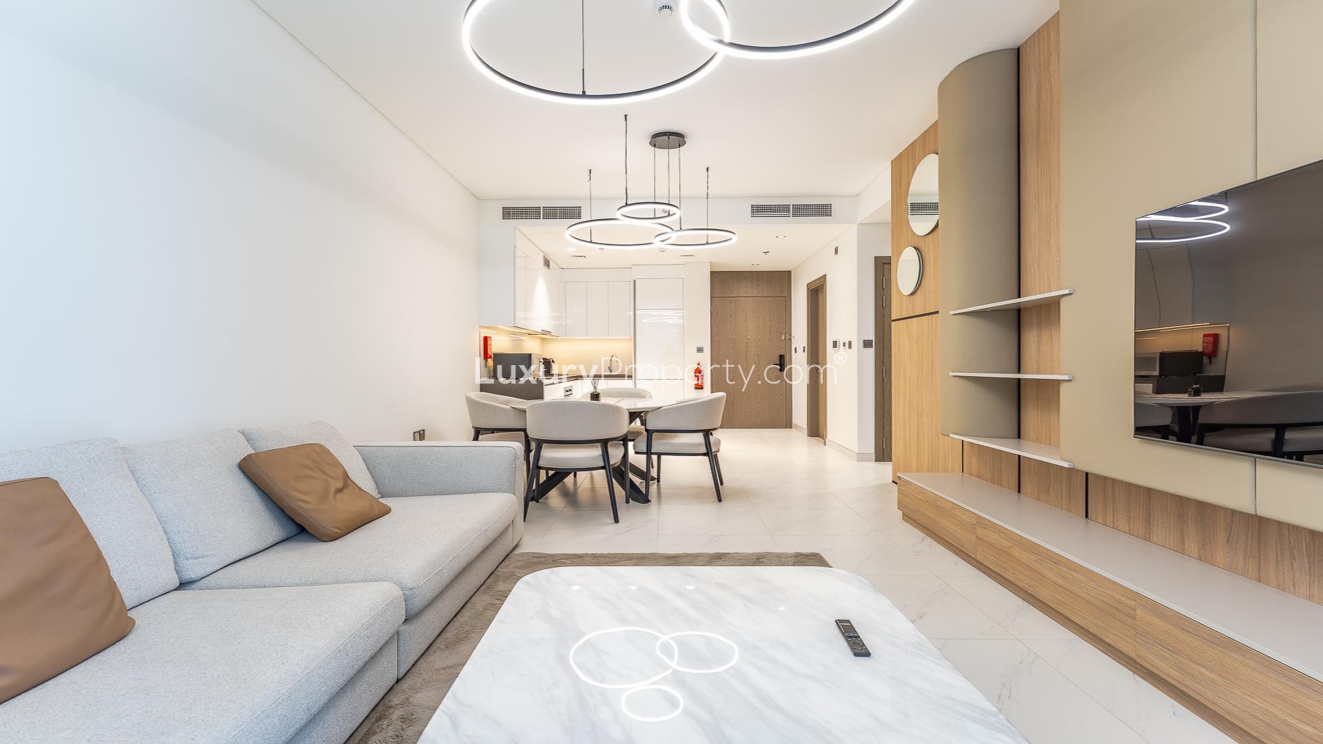 Furnished living room in District One apartment, Mohammad Bin Rashid City, with modern decor